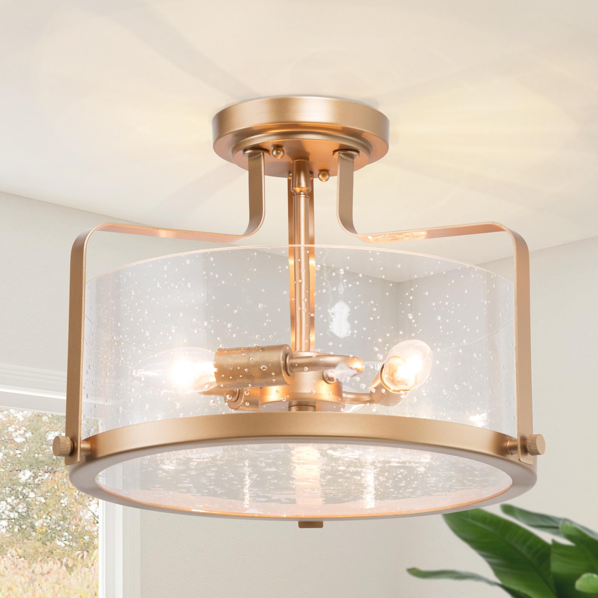 LALUZ Gold Modern 3-Light Semi Flush Mount Ceiling Fixture with Seeded Glass - Perfect for Bedroom, Hallway, Kitchen, Dining Room, Living Room, Stairway & Bathroom Lighting | Elegant Ambient Lighting for Home Decor