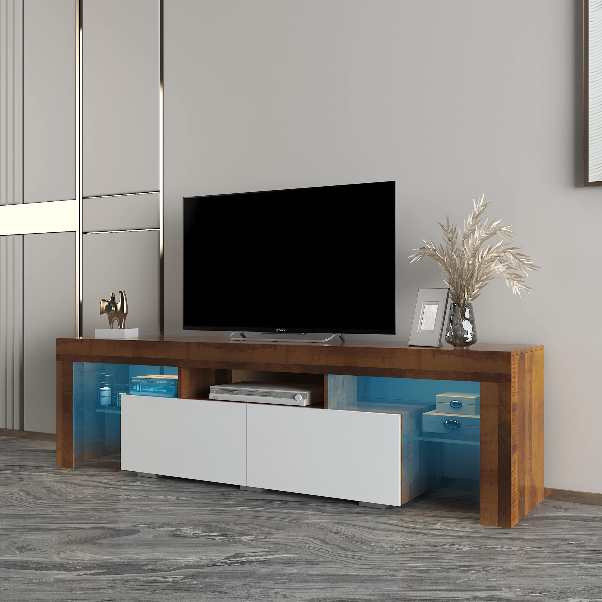Modern TV Stand with LED Lights & Storage for 55-70 Inch TVs - Entertainment Center with Clear Glass Shelf, 2 Drawers & Adjustable Shelves - Perfect for Living Room, Bedroom, Home Theater Setup