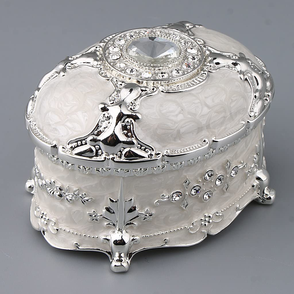Vintage Crystal Enamel Oval Jewelry Box - Elegant Metal Ring & Earrings Storage Case (White, Small) - Perfect for Wedding Gifts, Bridesmaid Presents & Jewelry Organization