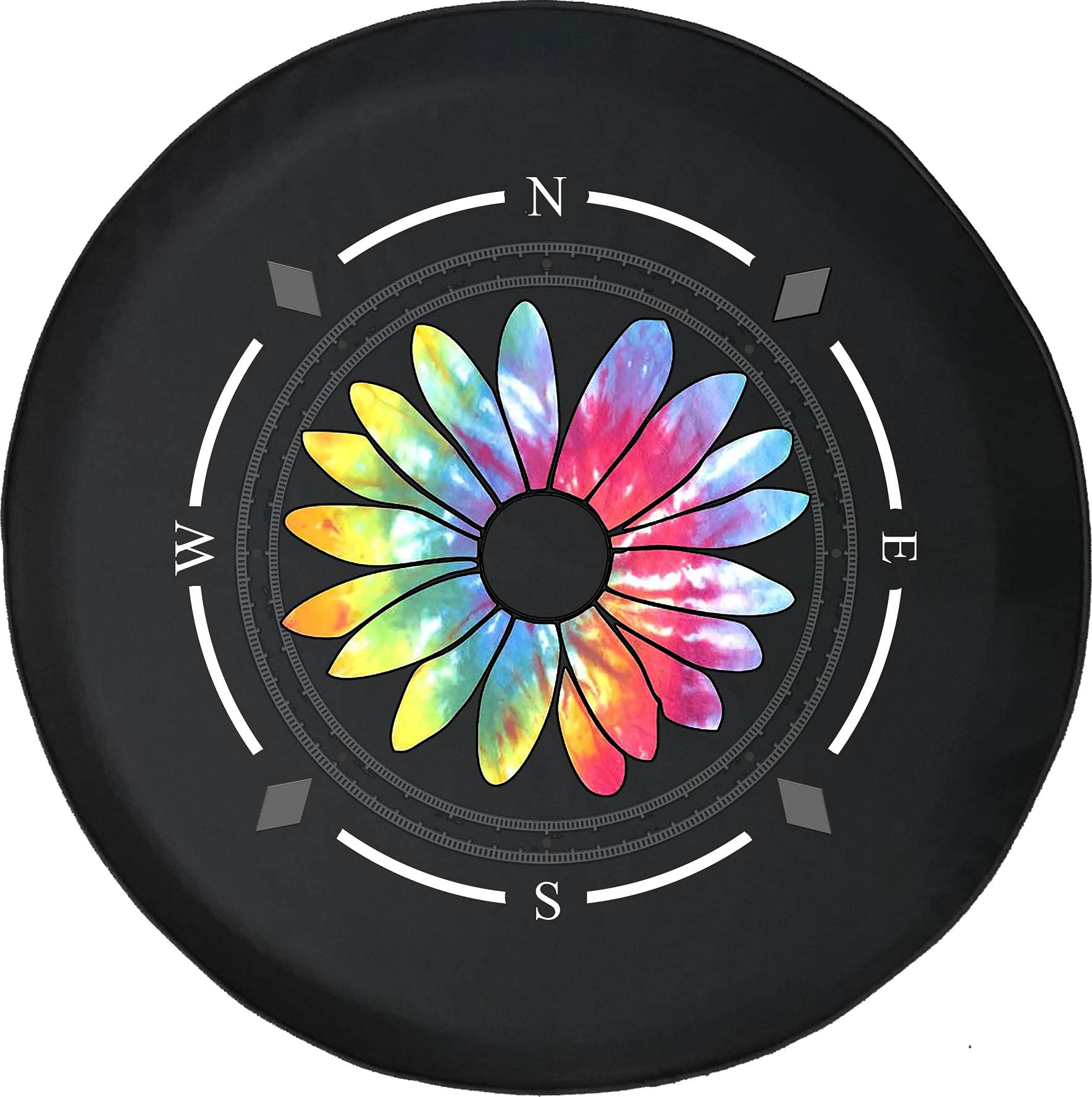 American Unlimited Spare Tire Cover with Compass & Tie Dye Flower Design - Universal Fit for SUV, Trailer, RV & Most Vehicles | Waterproof & UV Resistant Wheel Accessory for Outdoor Adventures & Road Trips