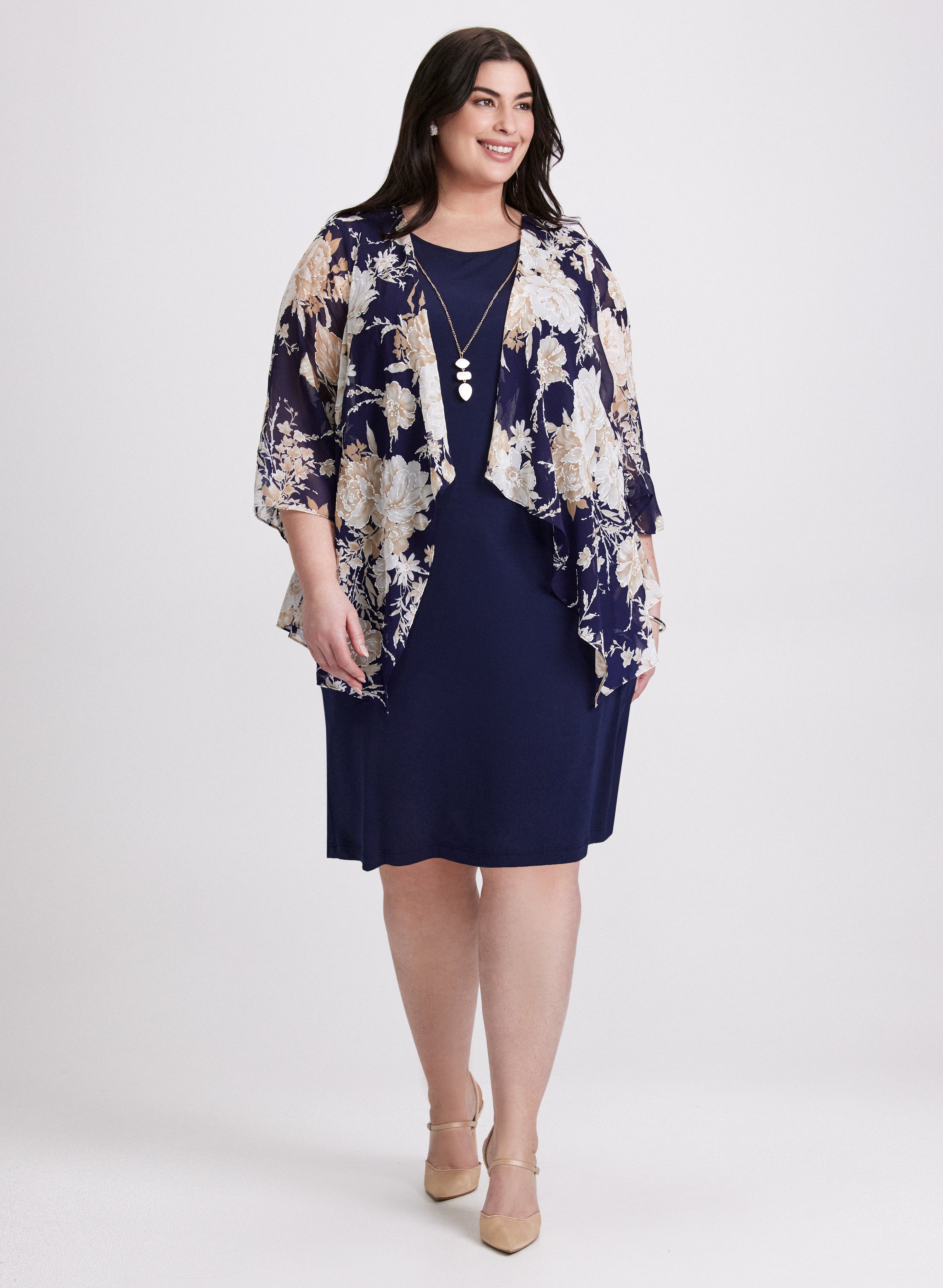 Floral Cardigan Dress with Necklace Set - Women's Elegant Outfit for Party, Wedding & Date Night