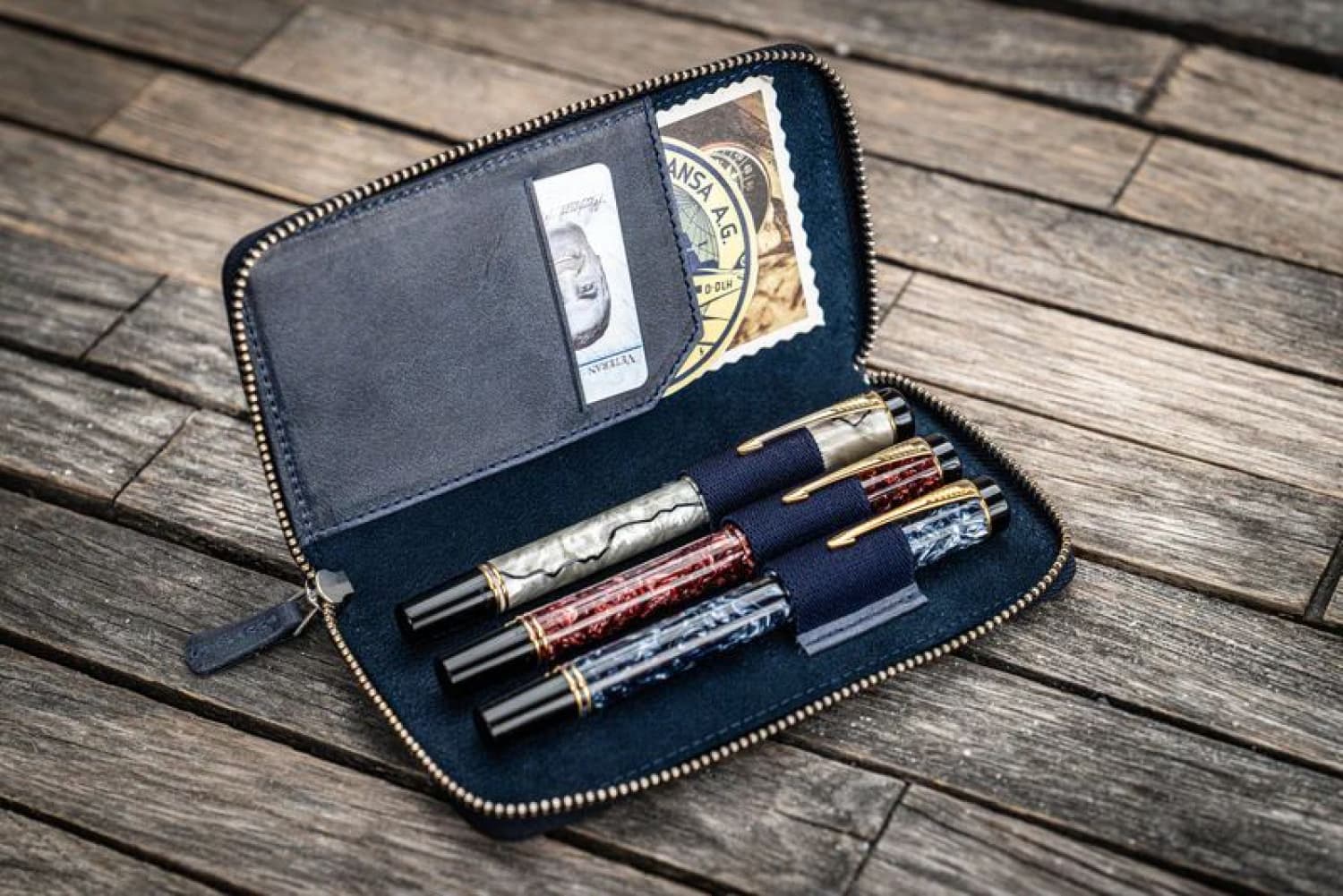 Premium Galen Leather Navy Blue Zippered 3-Pen Case for Fountain Pens, Ballpoints & Rollerballs – Perfect for Travel, Office & School Organization