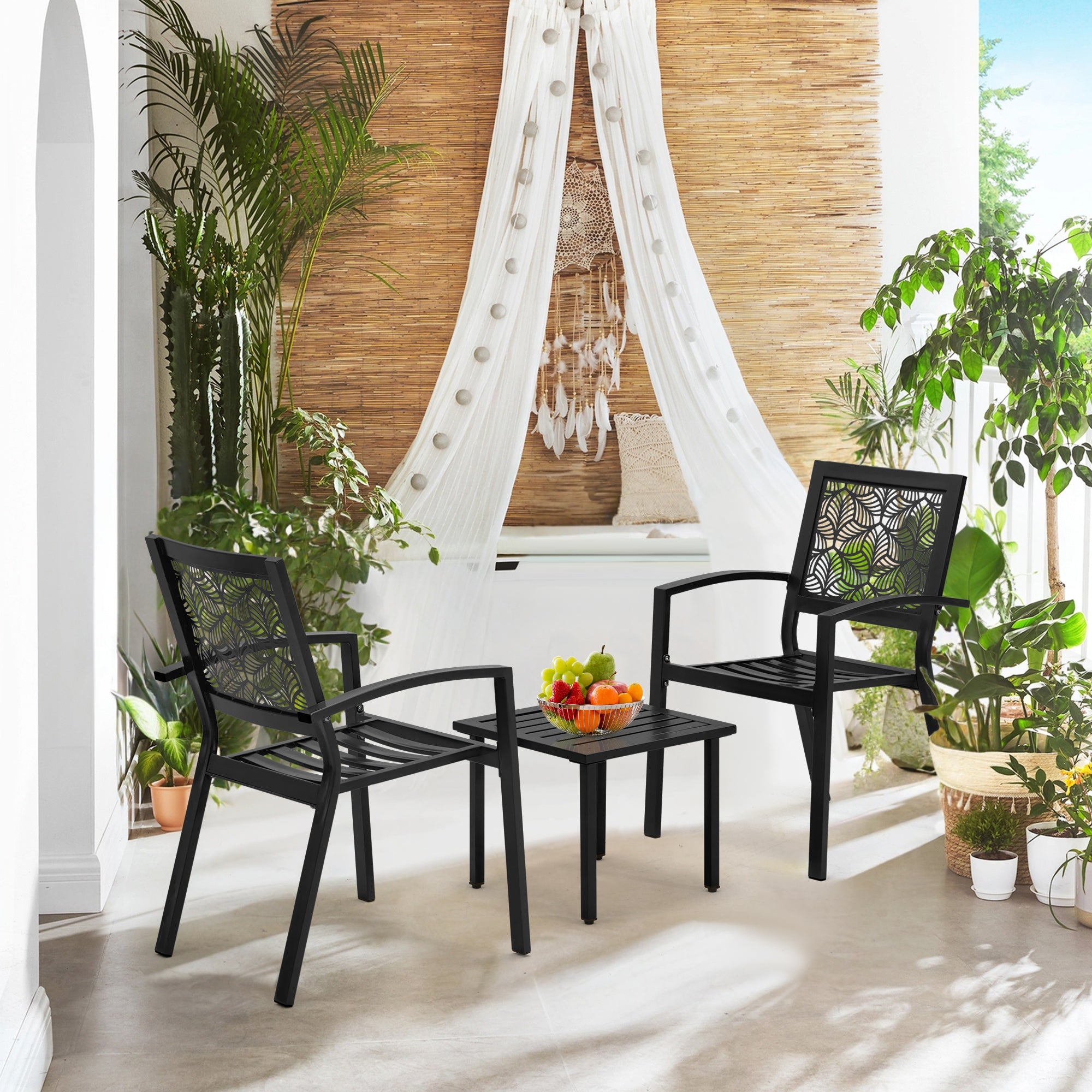 EROMMY 3-Piece Outdoor Bistro Set - Black Metal Patio Chairs & Table for Garden, Balcony, or Backyard Dining | Weather-Resistant Outdoor Furniture