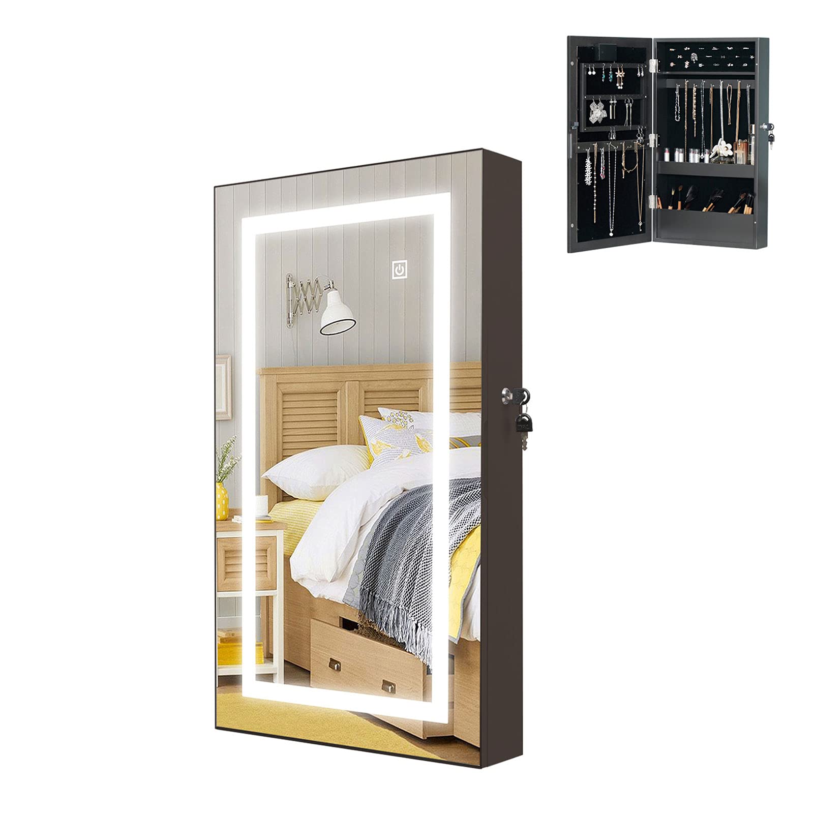 HollyHOME Lockable Jewelry Cabinet Armoire - Wall Mount Mirror with LED Lights & Touch Screen, Jewelry Storage Organizer (Black) - Perfect for Bedroom, Closet & Dressing Room Organization
