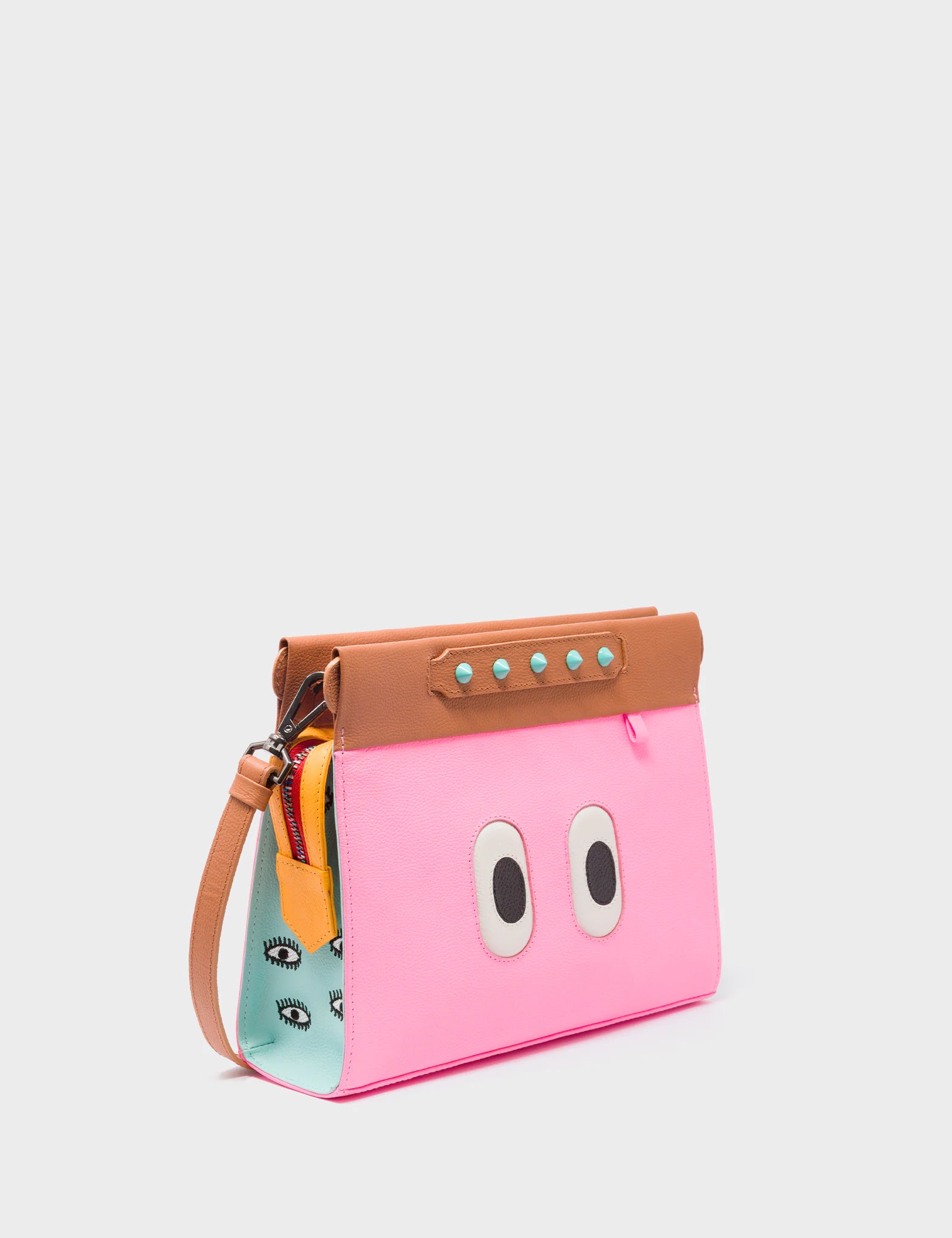 Vali Crossbody Small Leather Bag in Caramel & Taffy Pink with All Over Eyes Embroidery - Perfect for Women's Daily Use, Travel & Fashion Accessories