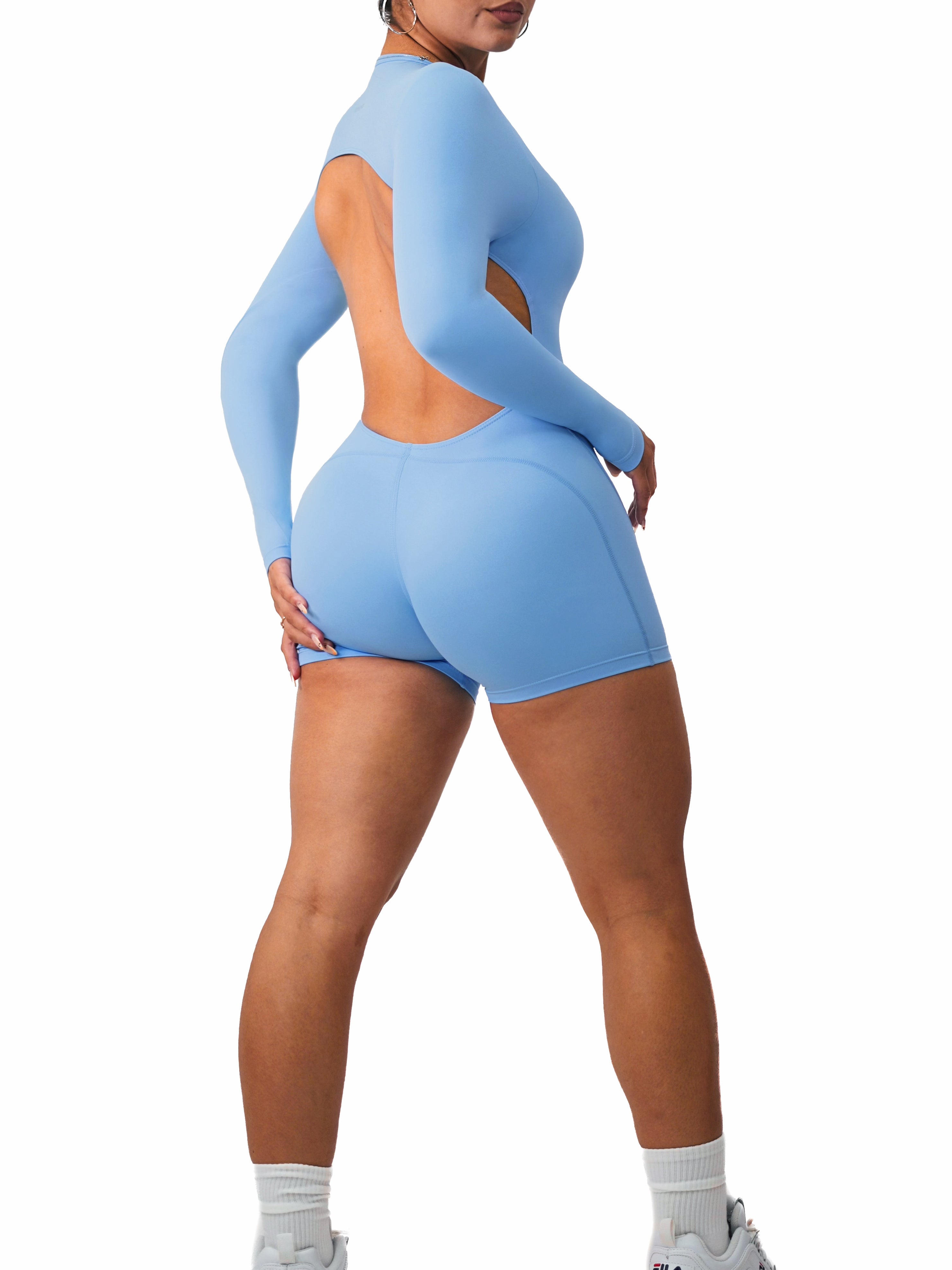 Backless Long Sleeve Short Romper for Women - Sexy Ocean Blue Jumpsuit, Summer Beachwear & Night Out Outfit