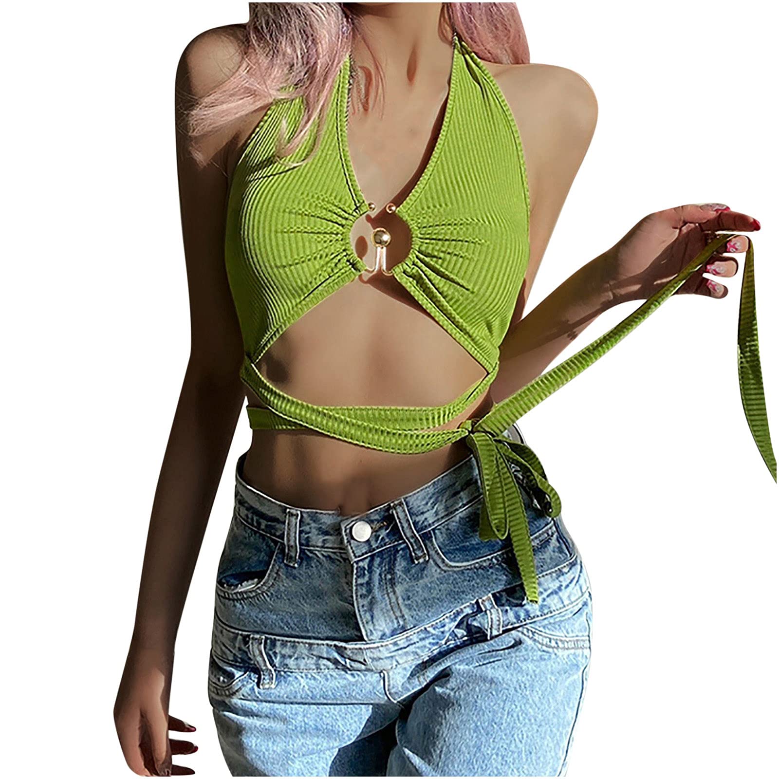 Sexy Halter Tank Tops for Women - Summer Trendy Solid Backless Tie Waist Crop Tops - Fashion Cut Out V Neck Party Cami - Perfect for Beach, Club & Night Out