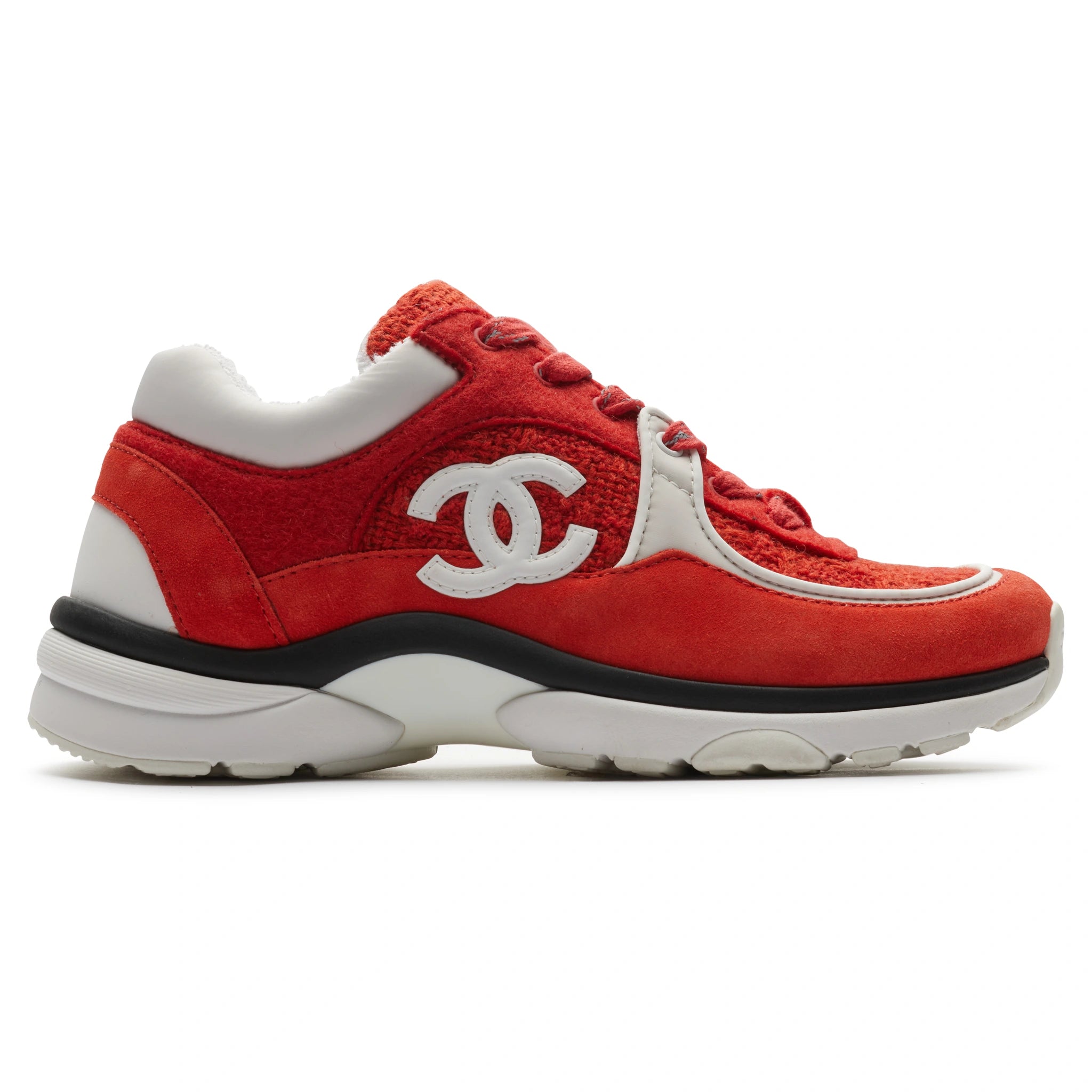 Chanel CC Logo Suede Red Tweed Sneakers - Authentic Pre-Owned Luxury Shoes for Women | Perfect for Casual Outfits, Street Style & Fashion Events