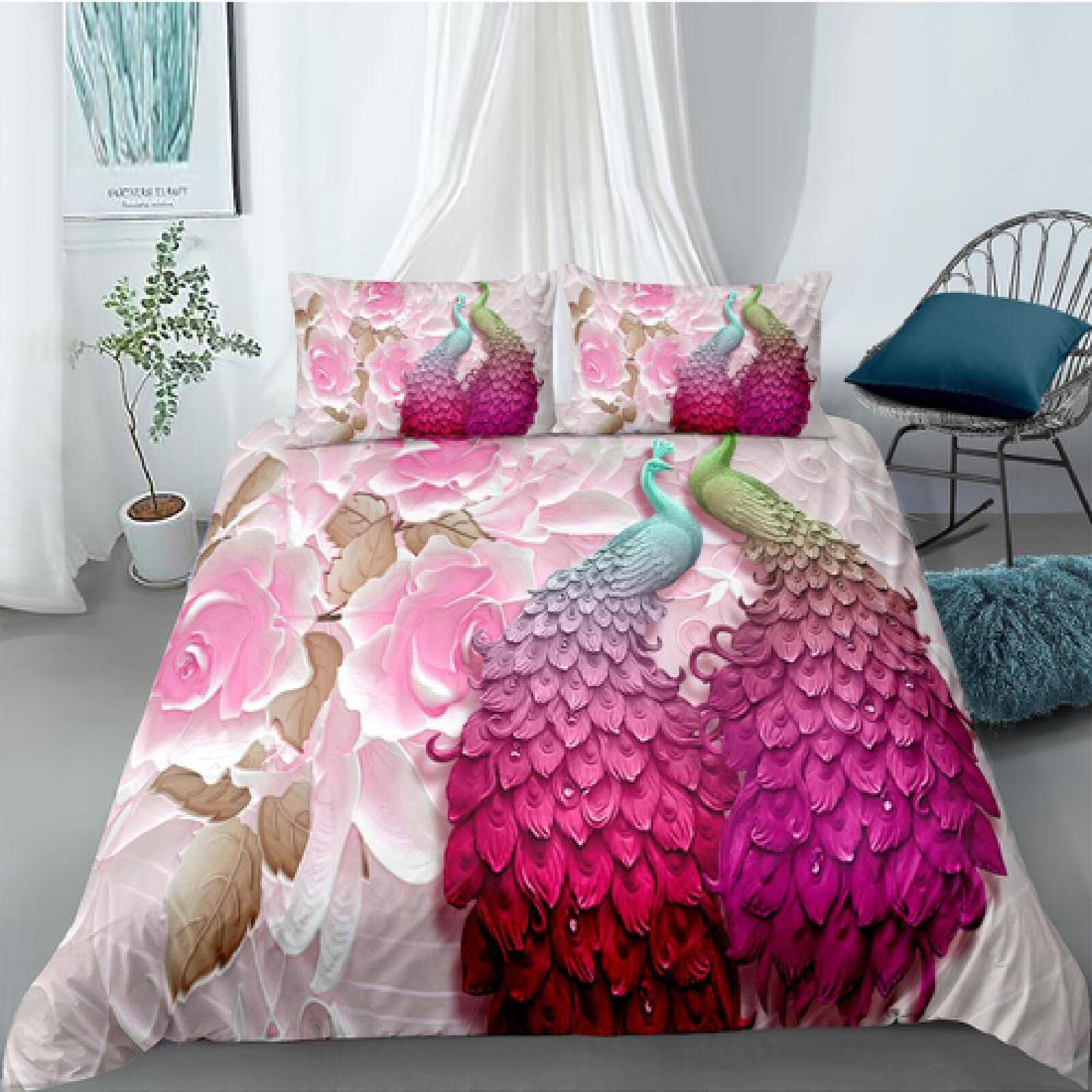 AAXYZX 3D Floral Bird & Plant Print Microfiber Bedding Set - Queen Size Duvet Cover & Pillowcases (3-Piece) | Soft Breathable Bed in a Bag for Women & Girls | Perfect for Home Decor, Guest Room & Master Bedroom