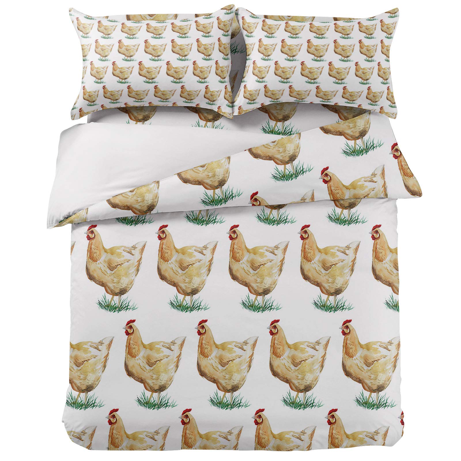 Country Farm Animals Chicken on Grass 4-Piece Duvet Cover Set - Full Size Ultra Soft Quilted Bedding with 2 Pillow Shams, White - Perfect for Farmhouse, Country Style Bedrooms & Cozy Home Decor