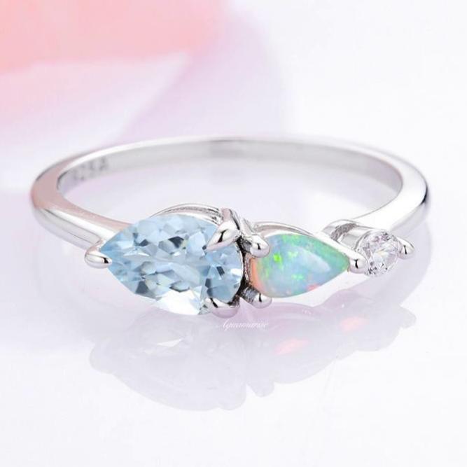 Natural Aquamarine & Australian Opal Sterling Silver Ring for Women - Elegant Birthstone Jewelry Gift for Wedding, Anniversary & Special Occasions