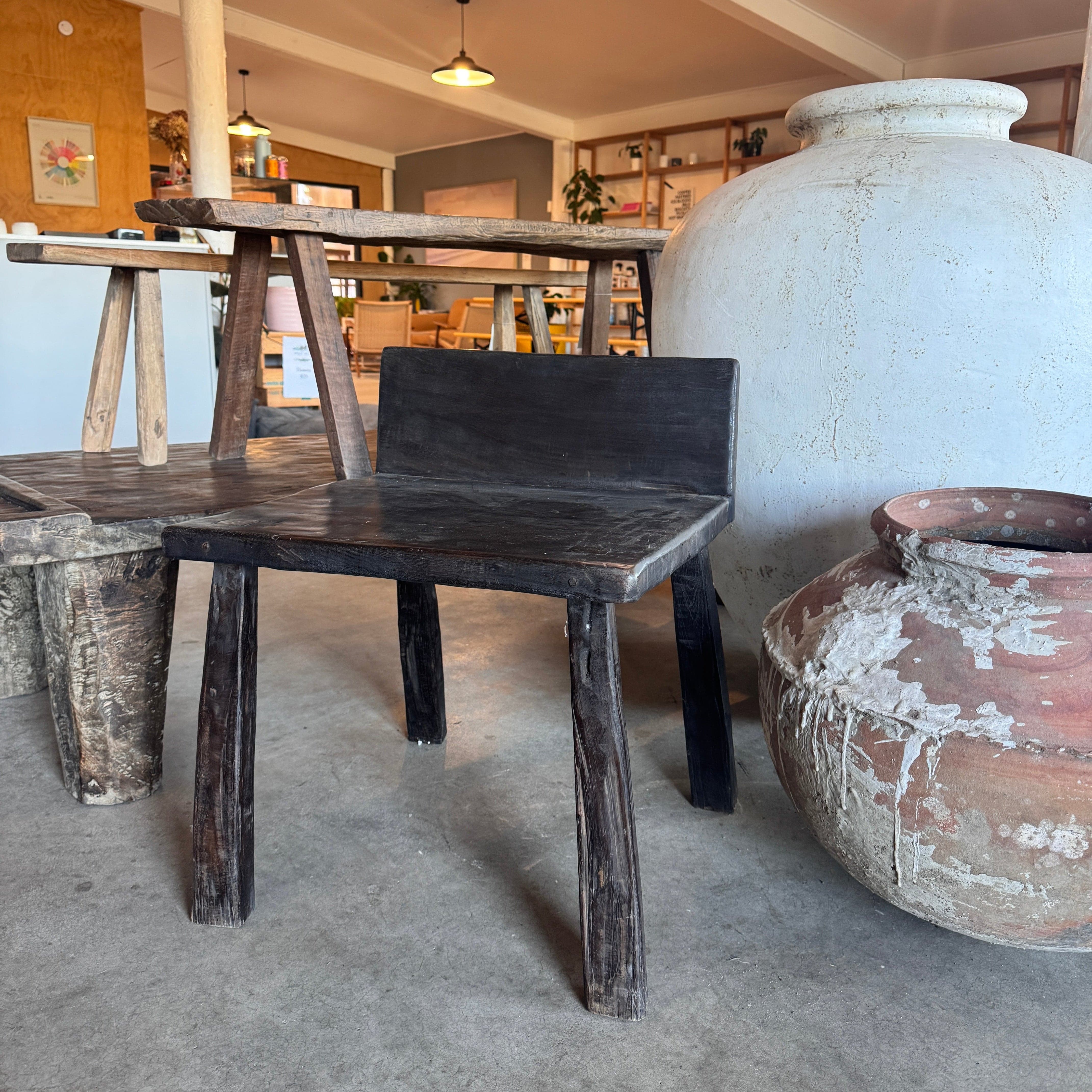 Handcrafted Black Teak Wood Primitive Chair - Rustic Outdoor & Indoor Seating for Patio, Garden, or Farmhouse Decor