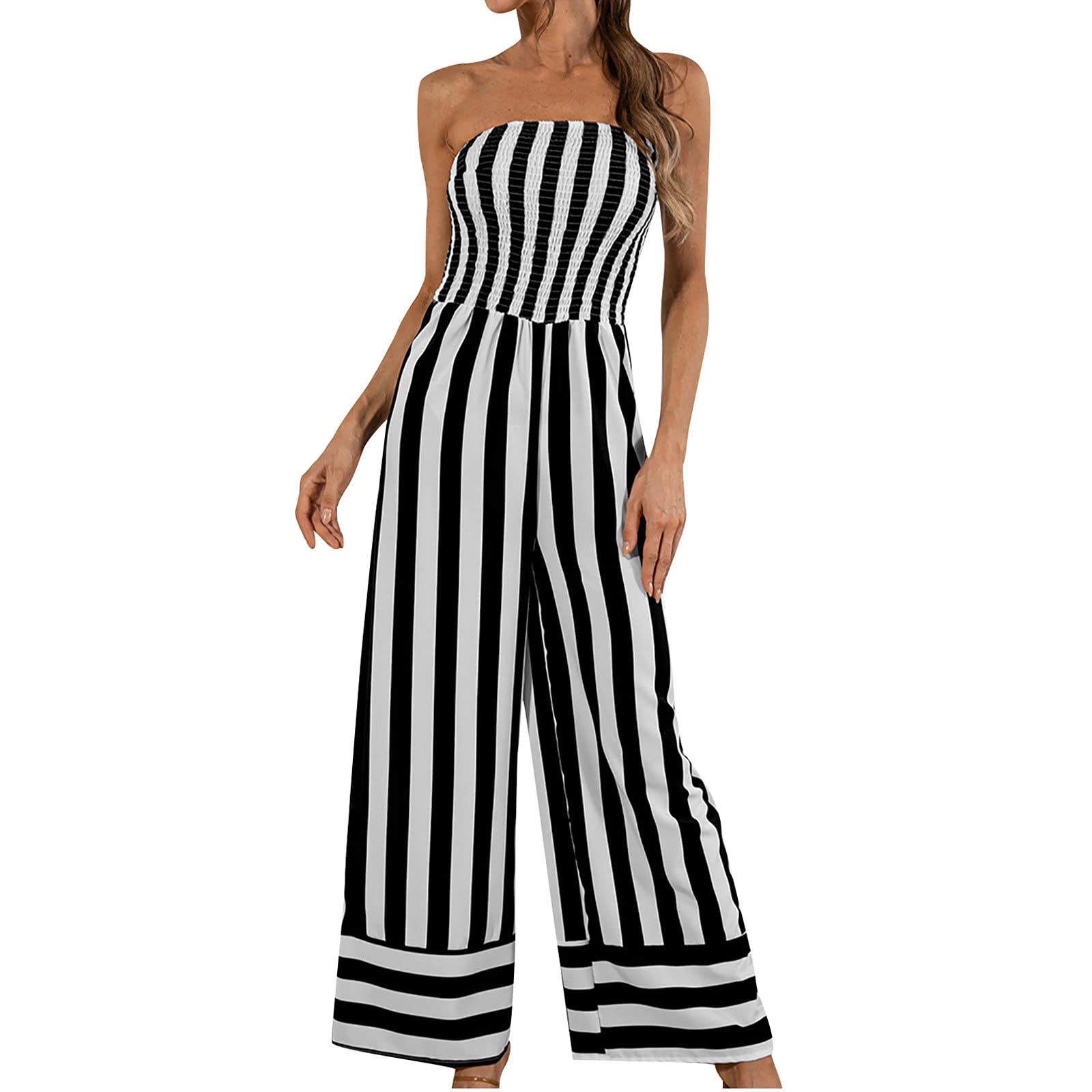Pompotops Women's Fashion Casual Loose Jumpsuit - Sexy Strapless Striped Romper for Summer Outfits | Perfect for Beach Vacations, Parties & Date Nights