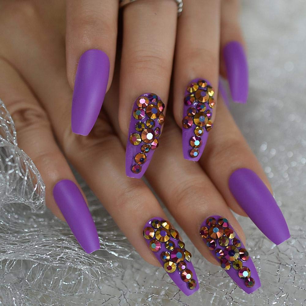 CSCH Rhinestone Sparkling False Nails - Long Coffin Matte Purple Artificial Nails for Women | Ballerina Style Fake Nails with Elegant Design | Perfect for Parties, Weddings, and Special Occasions