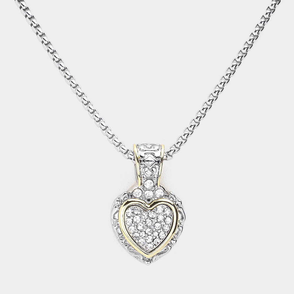 14K Gold Plated Two Tone Stone Paved Heart Pendant Necklace for Women - Elegant Gift for Valentine's Day, Anniversary & Special Occasions