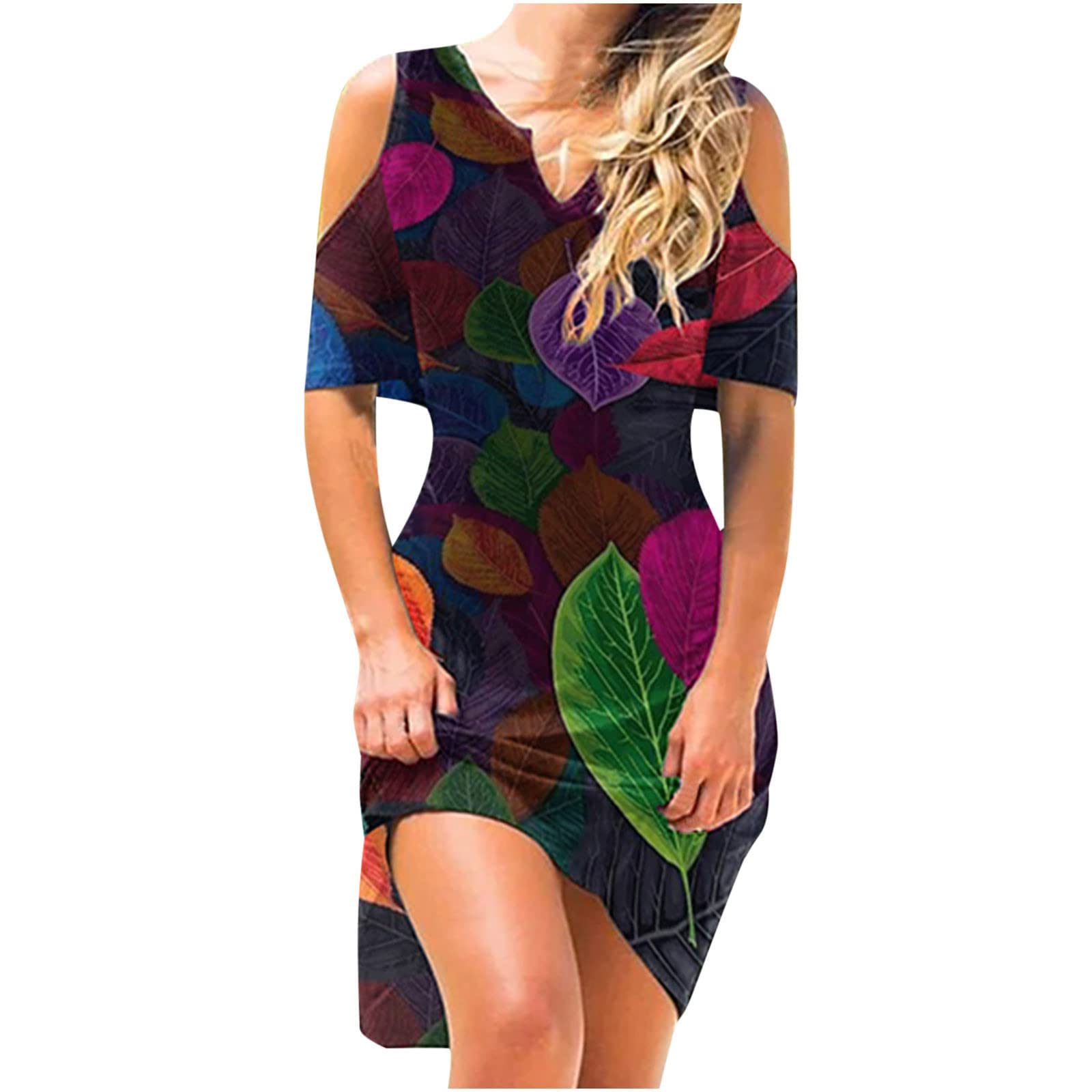 HAOREEKZ Women's Mini Summer Dress - Casual Pullover V-Neck Short Sleeve Printed Slim Fit Dress | Perfect for Beach Outings, Date Nights & Summer Vacations