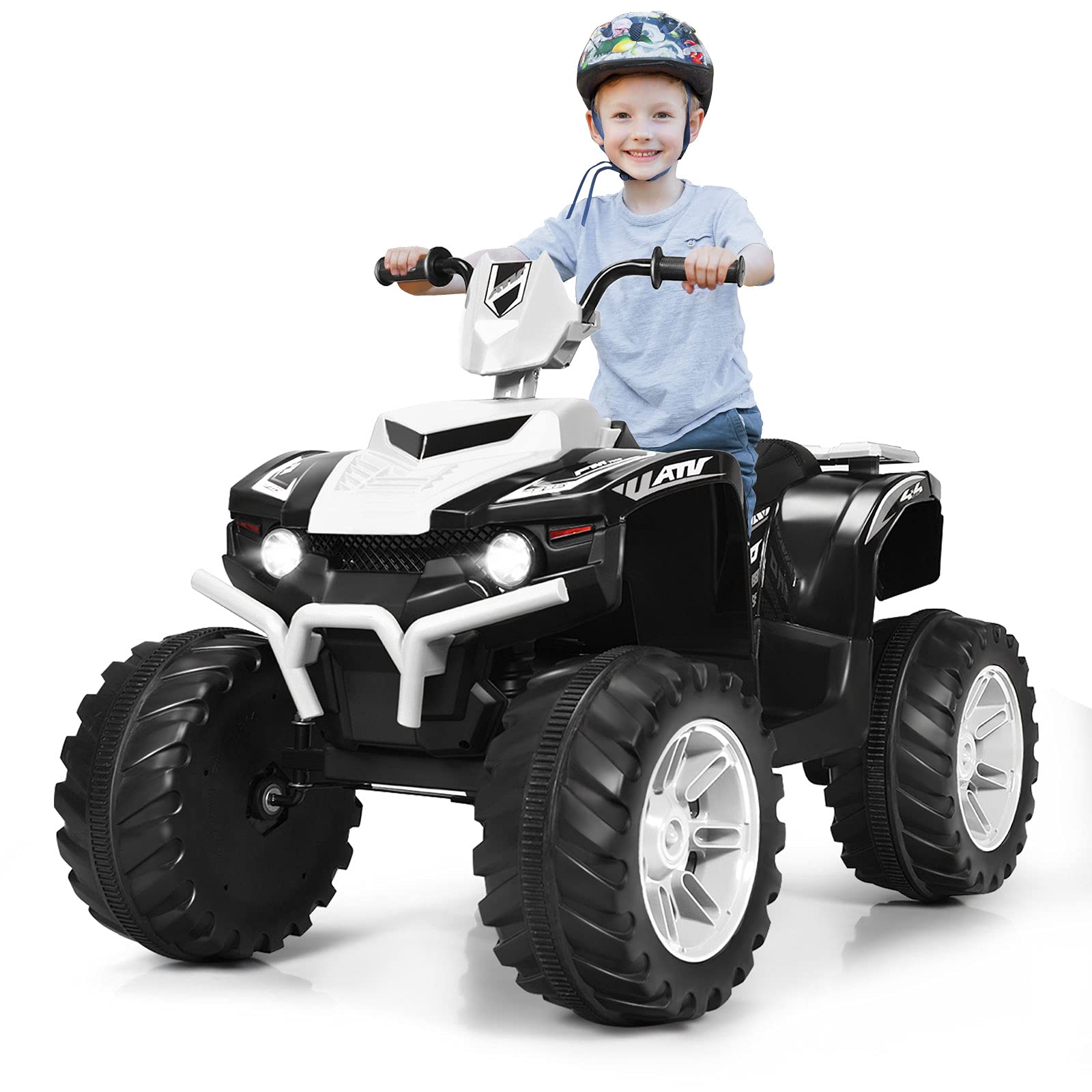OLAKIDS 12V Kids Ride On ATV Electric Car - 7 Wheeler Battery Powered Motorized Quad Toy for Boys & Girls Ages 3-8 with LED Lights, Music, Horn & Dual Speed - Perfect for Indoor & Outdoor Play (White)