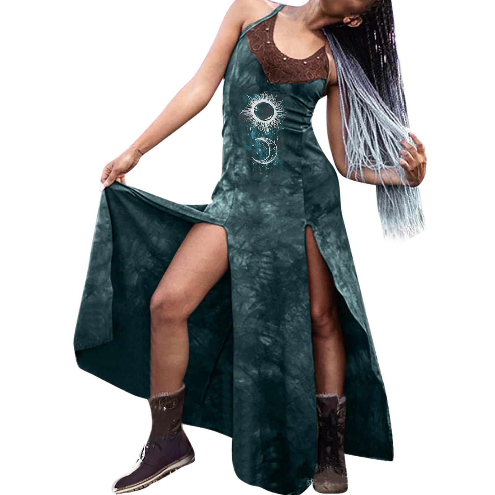Women's Summer Retro Tie-Dye Lace Print Slit Maxi Dress - Sexy Long Denim Slip Dress for Beach, Party & Casual Wear