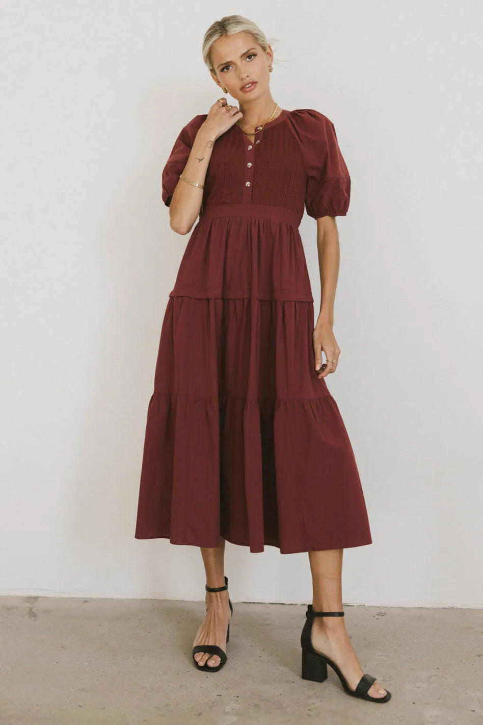 Leandra Burgundy Midi Dress for Women - Elegant A-Line Formal & Party Dress | Perfect for Weddings, Cocktail Parties & Office Wear