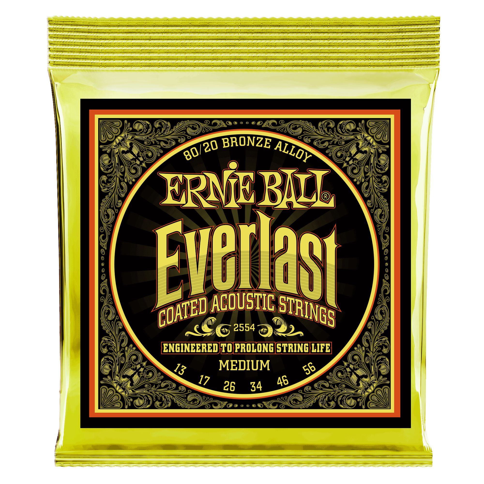 Ernie Ball Everlast Medium Coated 80/20 Bronze Acoustic Guitar Strings - 13-56 Gauge - Long-Lasting Tone for Studio & Live Performances