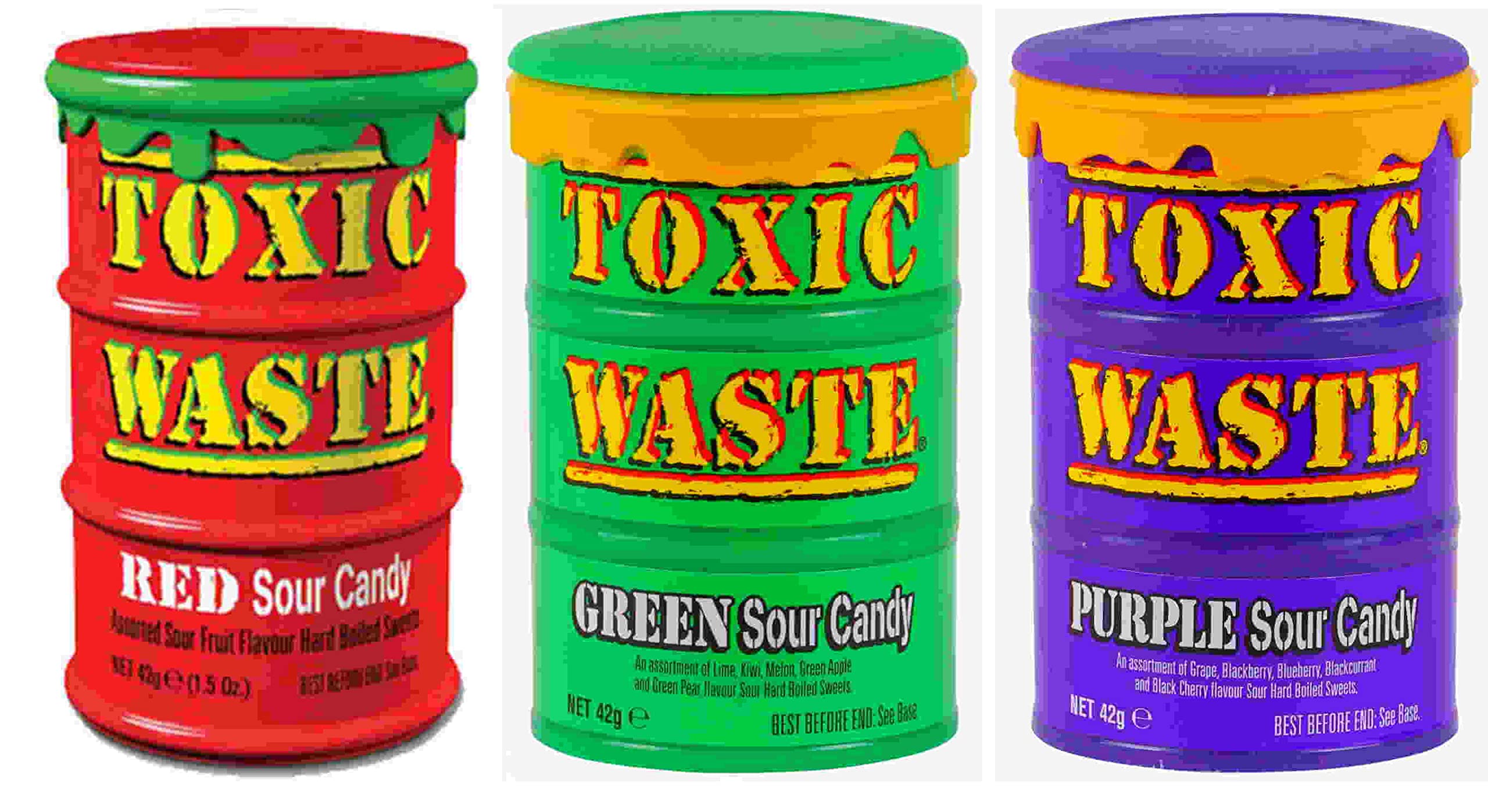 Toxic Waste Sour Candy Assortment - Extreme Sour Hard Candy Mix (Red, Purple, Green) | 3-Pack 42g Each | Perfect for Parties, Halloween Treats & Prank Gifts