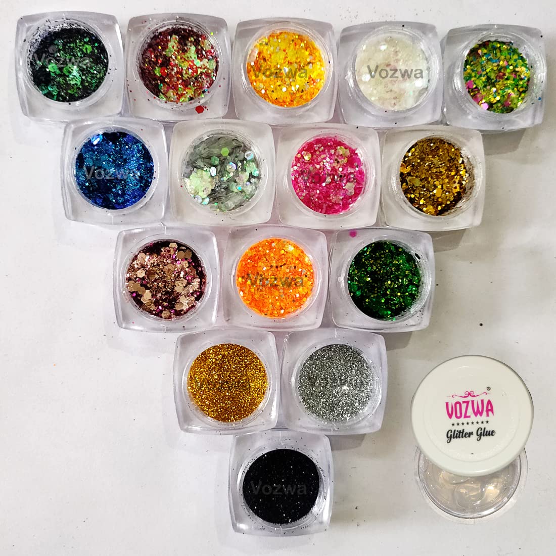 Vozwa 12 Pcs Holographic Chunky Glitter Eyeshadow Gradient Set with 3 Pcs Fine Glitter (Gold, Silver, Black) & Glitter Glue - Perfect for Festival Makeup, DIY Nails, Body Art & Cosplay