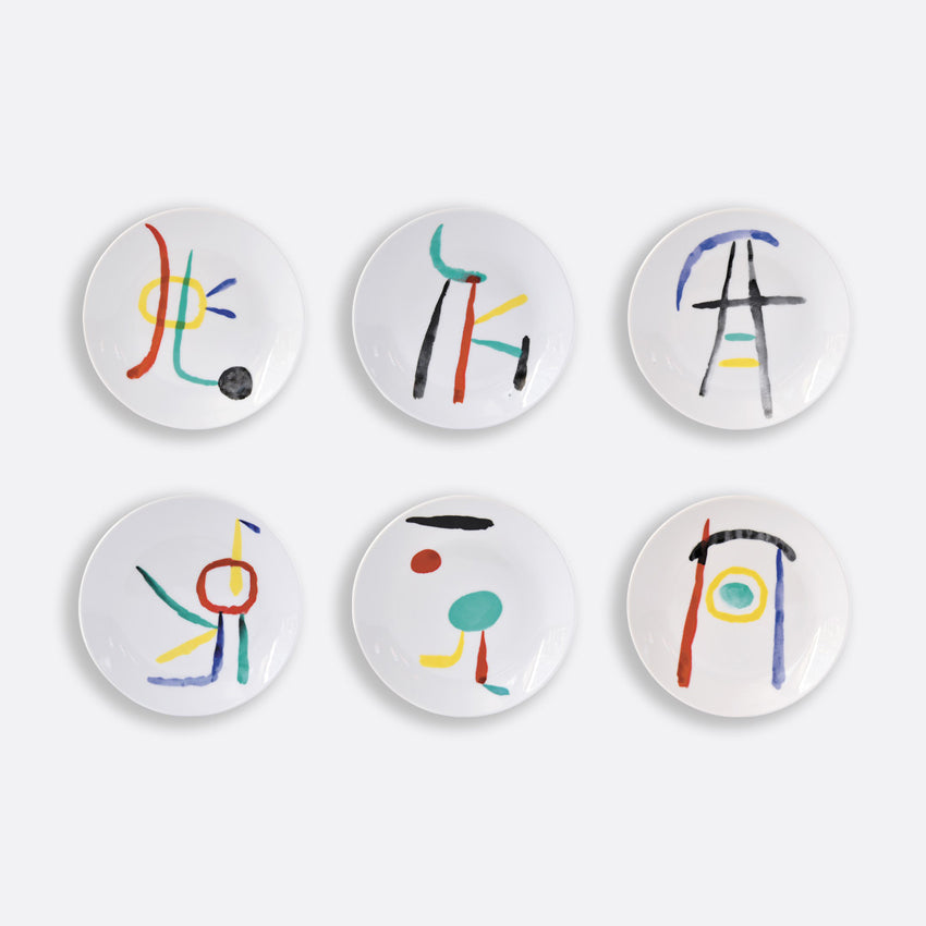 Bernardaud Joan Miro A Tout Epreuve 6-Piece Assorted Bread and Butter Plate Set - 5.5 Inch Fine Porcelain Dinnerware for Elegant Dining, Tea Parties & Home Decor
