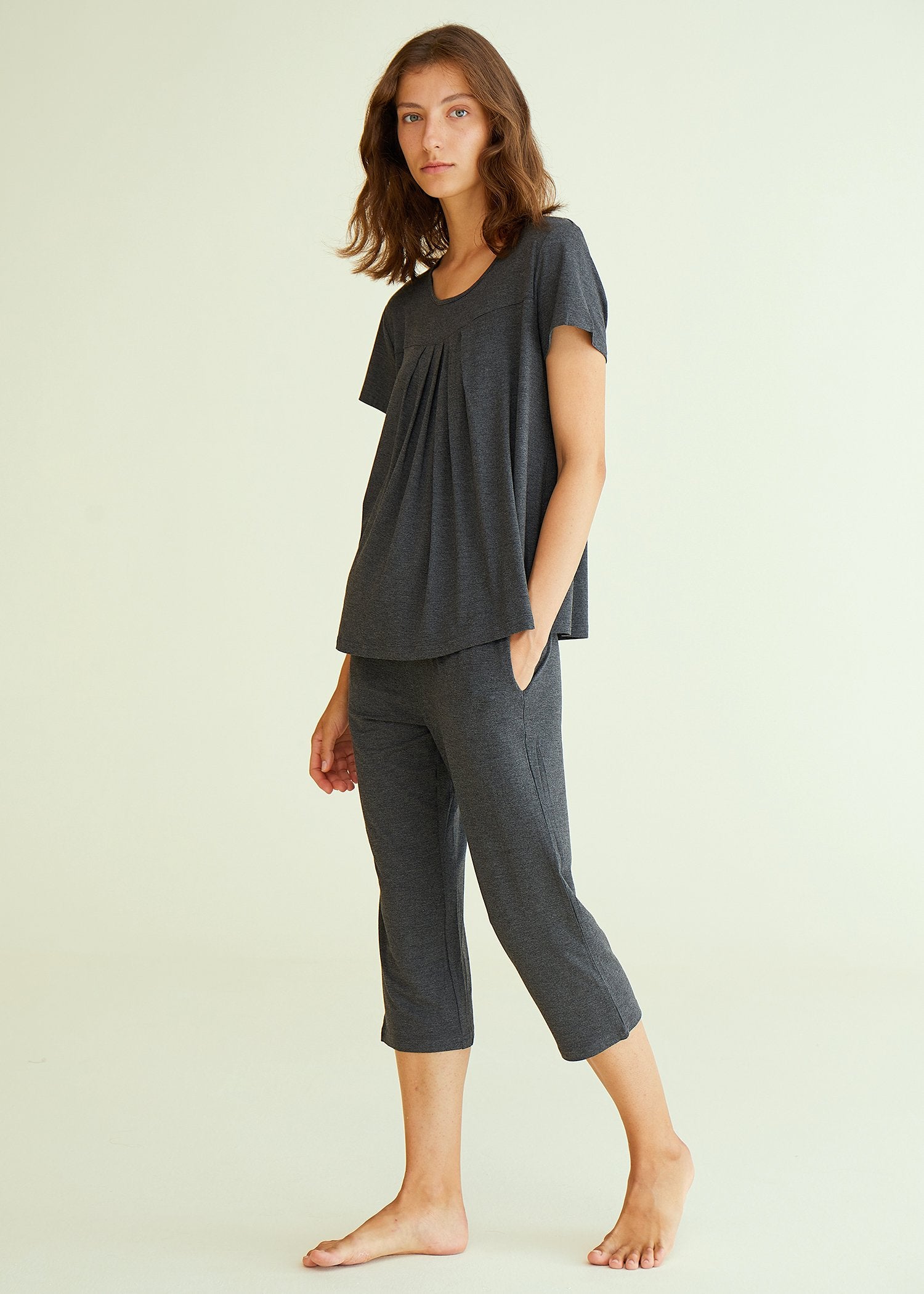 Soft & Breathable Women's Bamboo Pajama Set - Pleated Top & Capri Pants for Comfortable Sleep & Lounge Wear - Perfect for Nighttime Relaxation, Spa Days & Cozy Evenings at Home