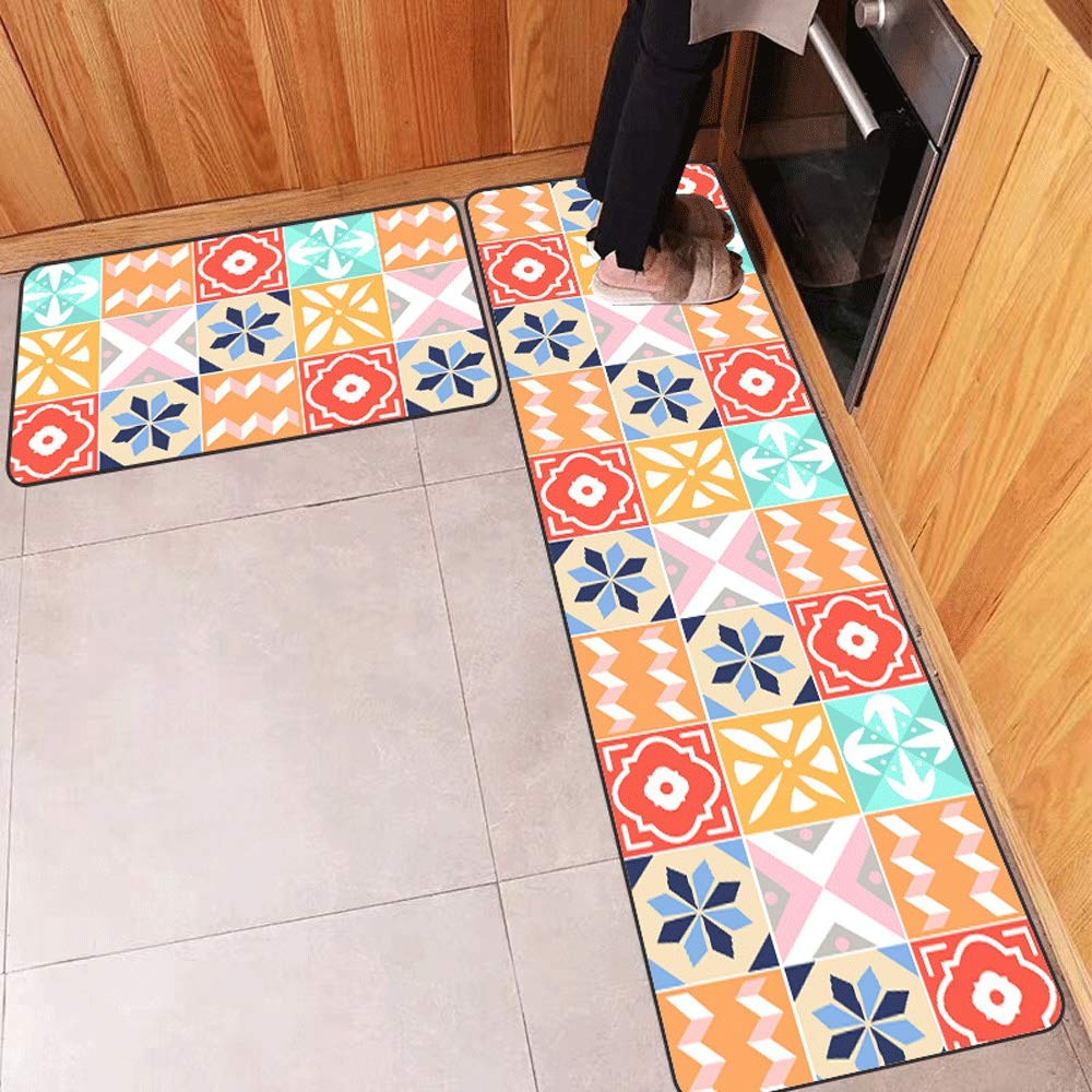 JIFAN Kitchen Rug Set - 2-Piece Floral Runner for Home & Bedside - Machine Washable