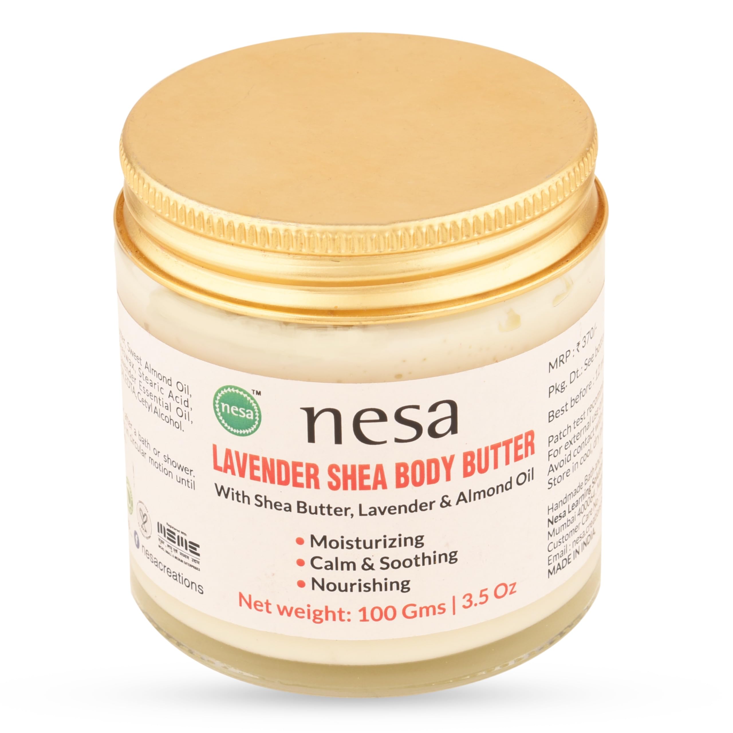 Nesa Lavender Shea Body Butter (100g) - Deep Moisturizing Cream with Shea Butter, Sweet Almond Oil & Lavender Essential Oil for Dry Skin - Natural Nourishment & Hydration - Perfect for Daily Skincare, Massage & Relaxation Therapy
