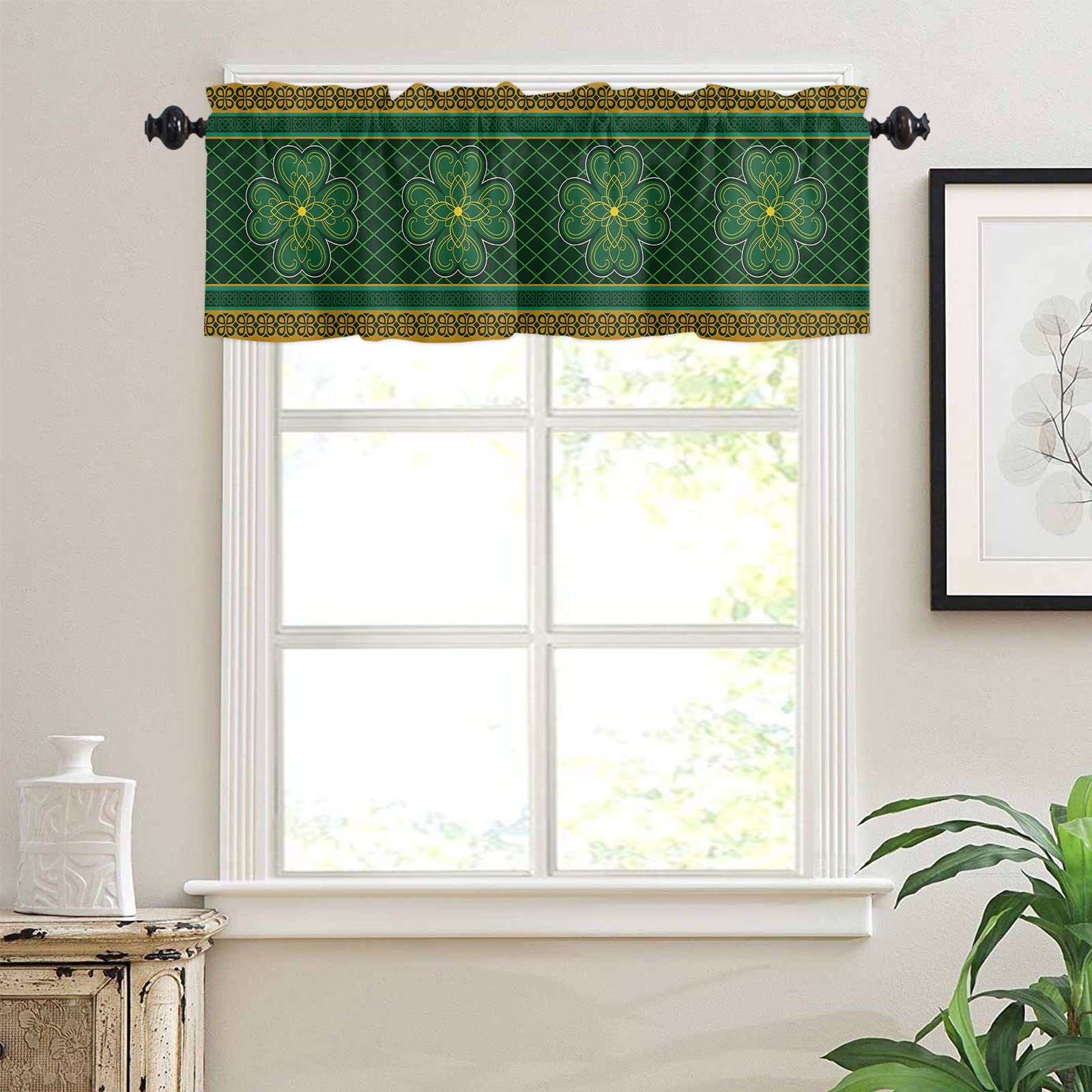 St. Patrick's Day Shamrock Green Valance Curtains - 54x18 Inch Rod Pocket Window Drapes for Kitchen, Living Room, Bedroom & Bathroom Decor - Perfect for Irish-Themed Home Styling & Holiday Window Treatments