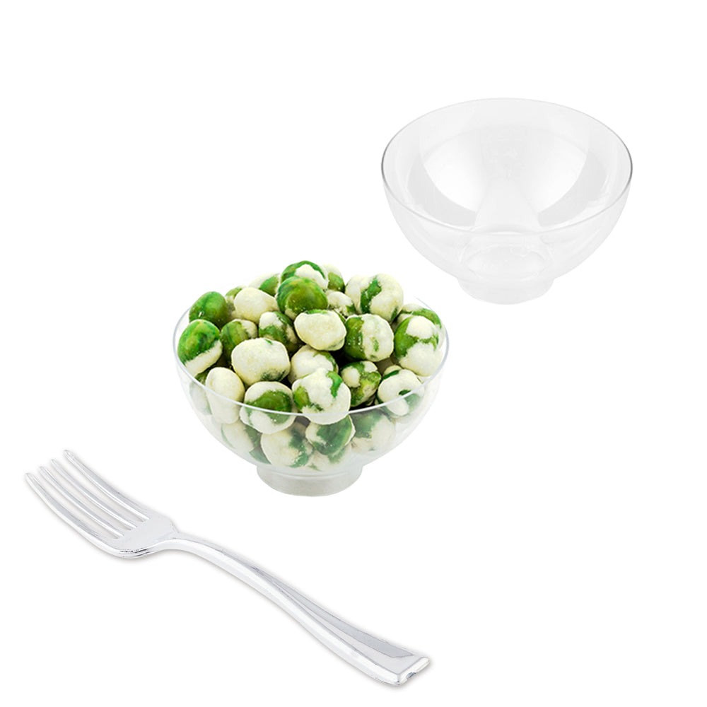 100 Pack 2 oz Clear Plastic Coppa Bowls with 100 Silver Mini Forks - Perfect for Party Appetizers, Desserts, and Catering Events