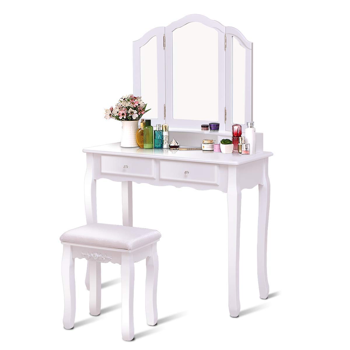 Casart White Tri-Folding Mirror Bathroom Vanity Makeup Table with Stool & 4 Drawers - Perfect for Dressing Room, Bedroom or Bathroom Organization
