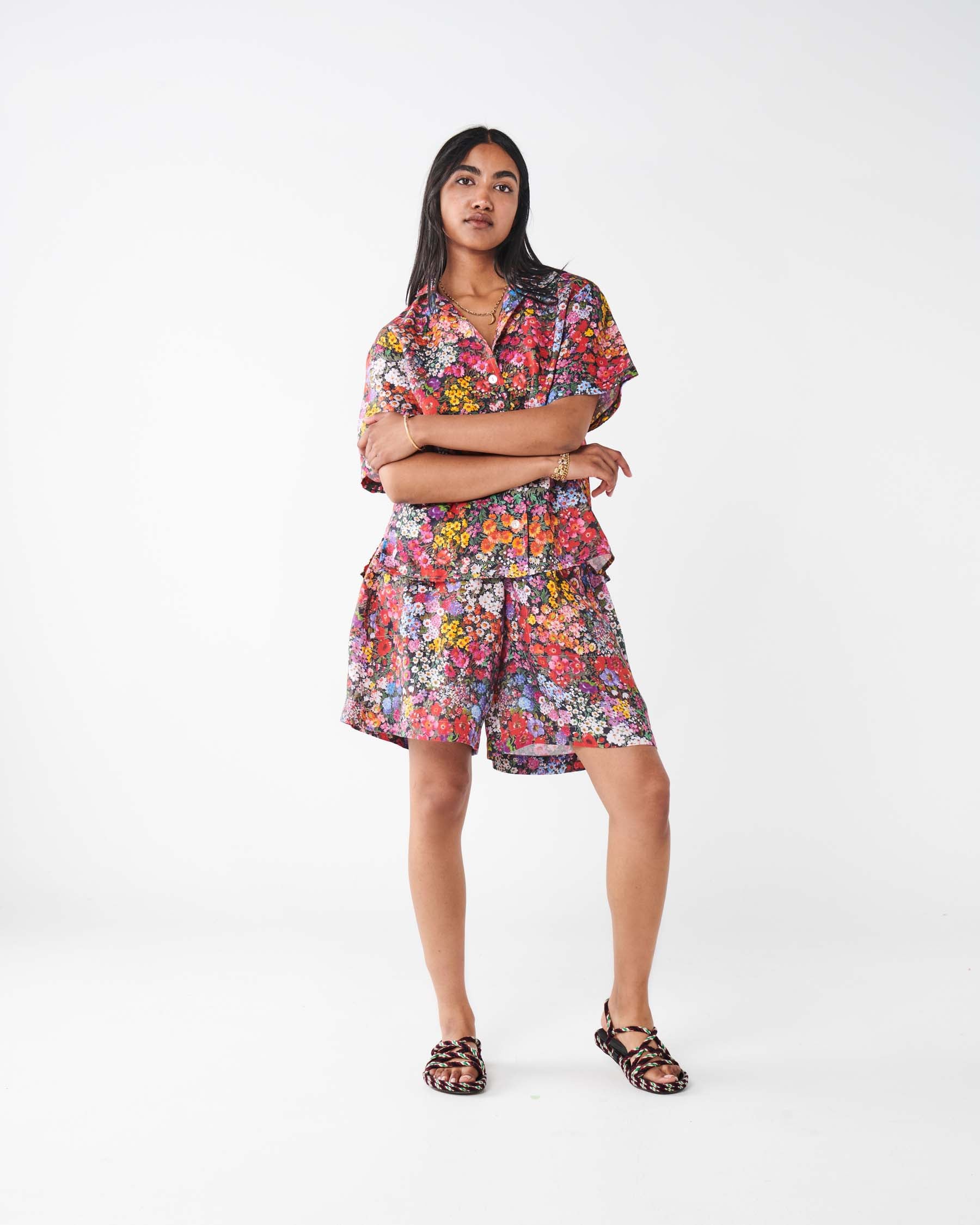 Forever Floral Black Linen Baggy Shorts - Women's High Waist Loose Fit Summer Shorts for Casual Wear, Beach & Vacation