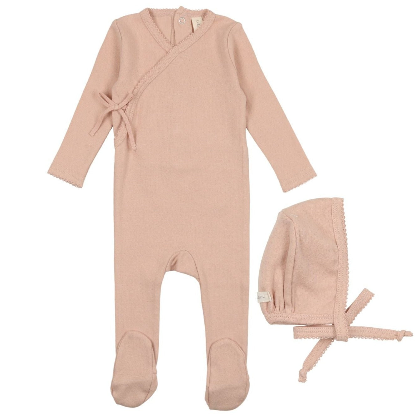 Lilette Shell Pink Pinpoint Wrapover Stretchie and Bonnet Set - Soft Baby Headband & Hat for Newborn Girls - Perfect for Photography, Baptism, and Special Occasions