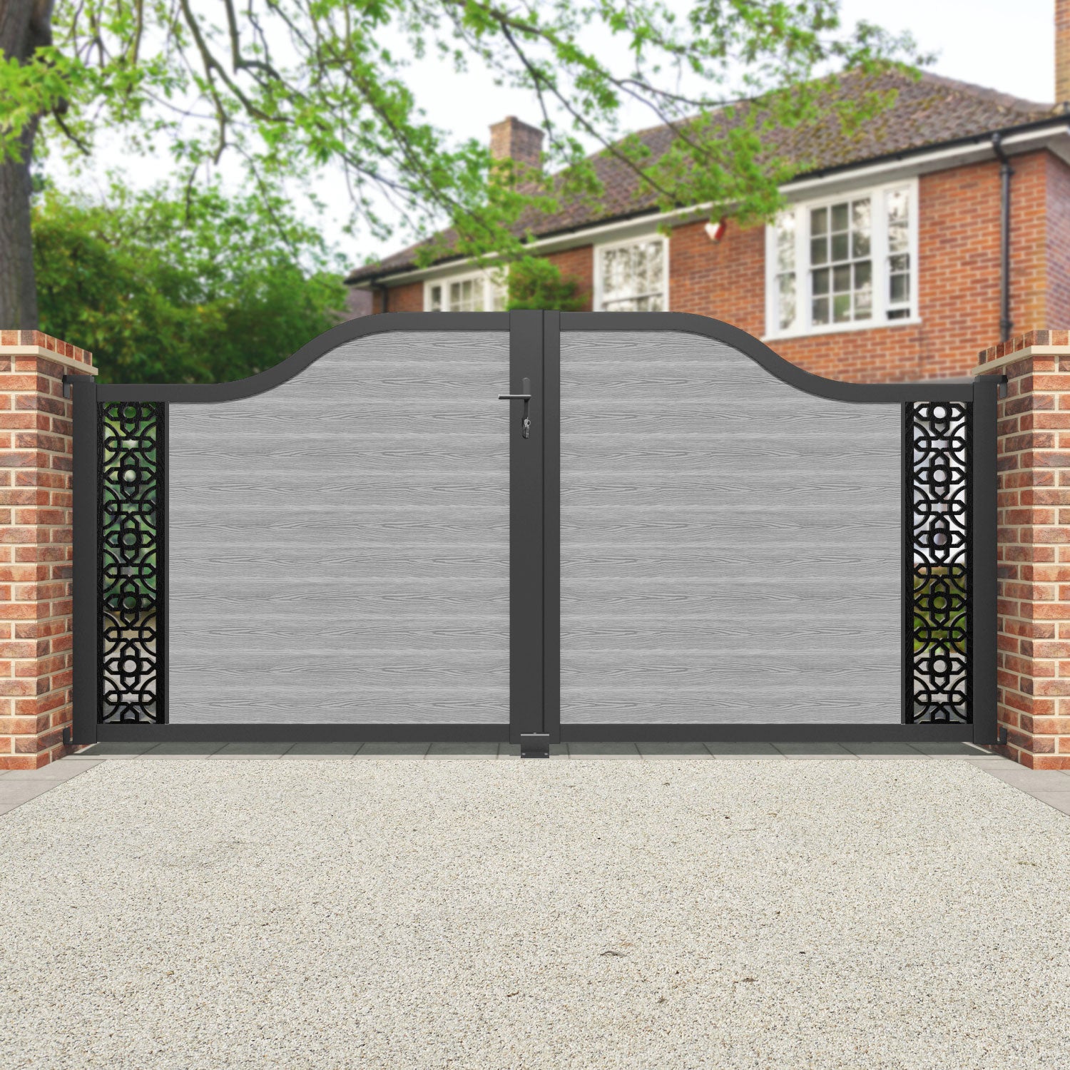 Classic Nabila Curved Top Driveway Gate - Light Grey Finish - Elegant Security Solution for Home & Garden - Perfect for Driveway, Backyard, and Property Entrance Protection