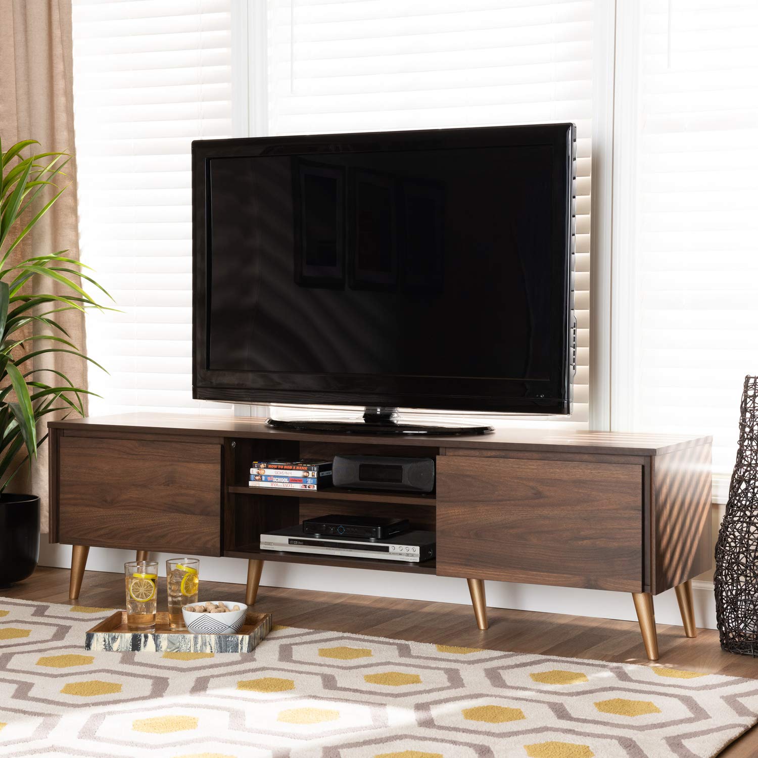 Baxton Studio Landen Mid-Century Modern TV Stand - Walnut Brown & Gold Wood Media Console for Living Room, Bedroom, Home Theater
