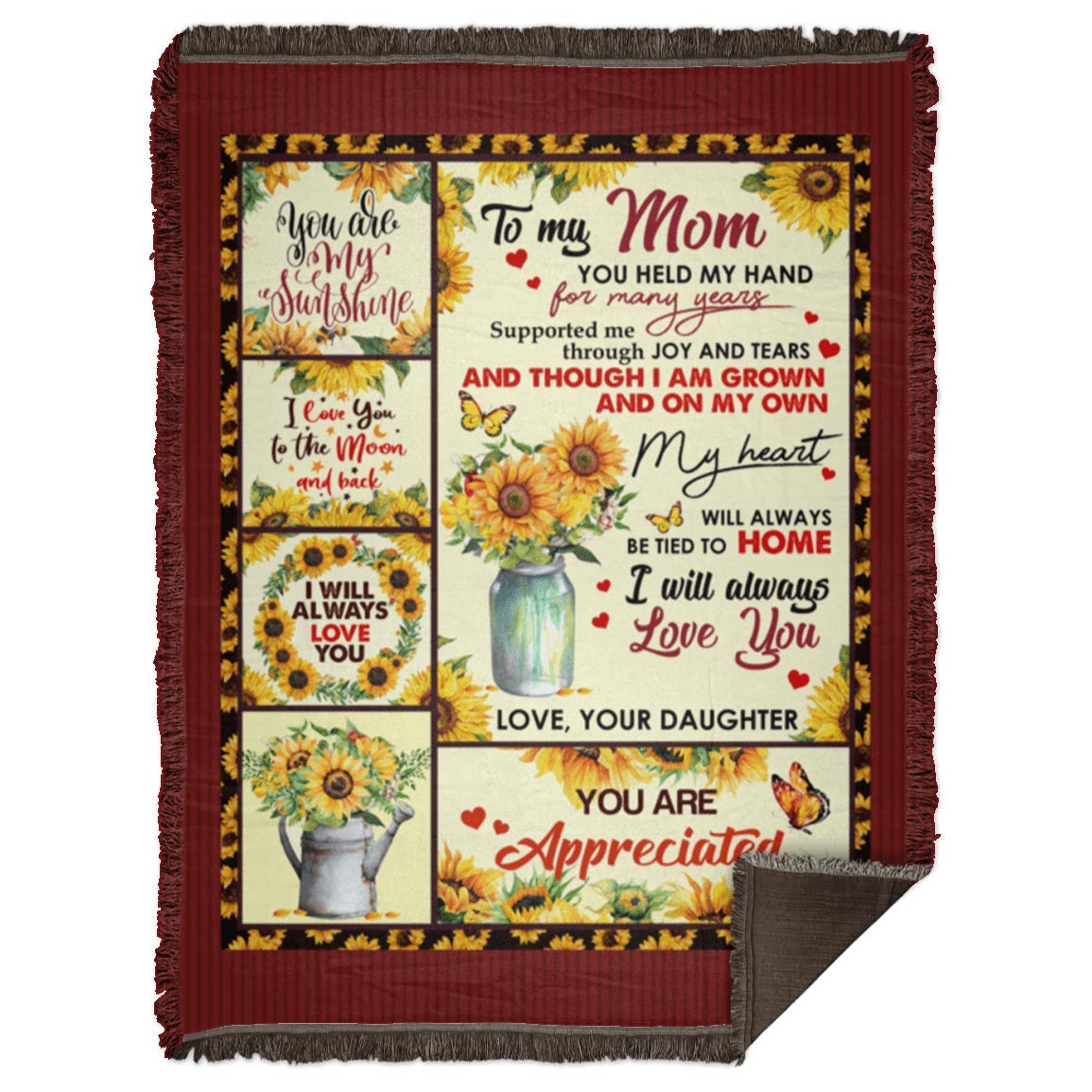 Sunflower Blanket for Mom - Daughter to Mother Woven Throw Blanket 60x80 Inches, White - Perfect for Mother's Day Gifts, Cozy Home Decor, and Family Movie Nights
