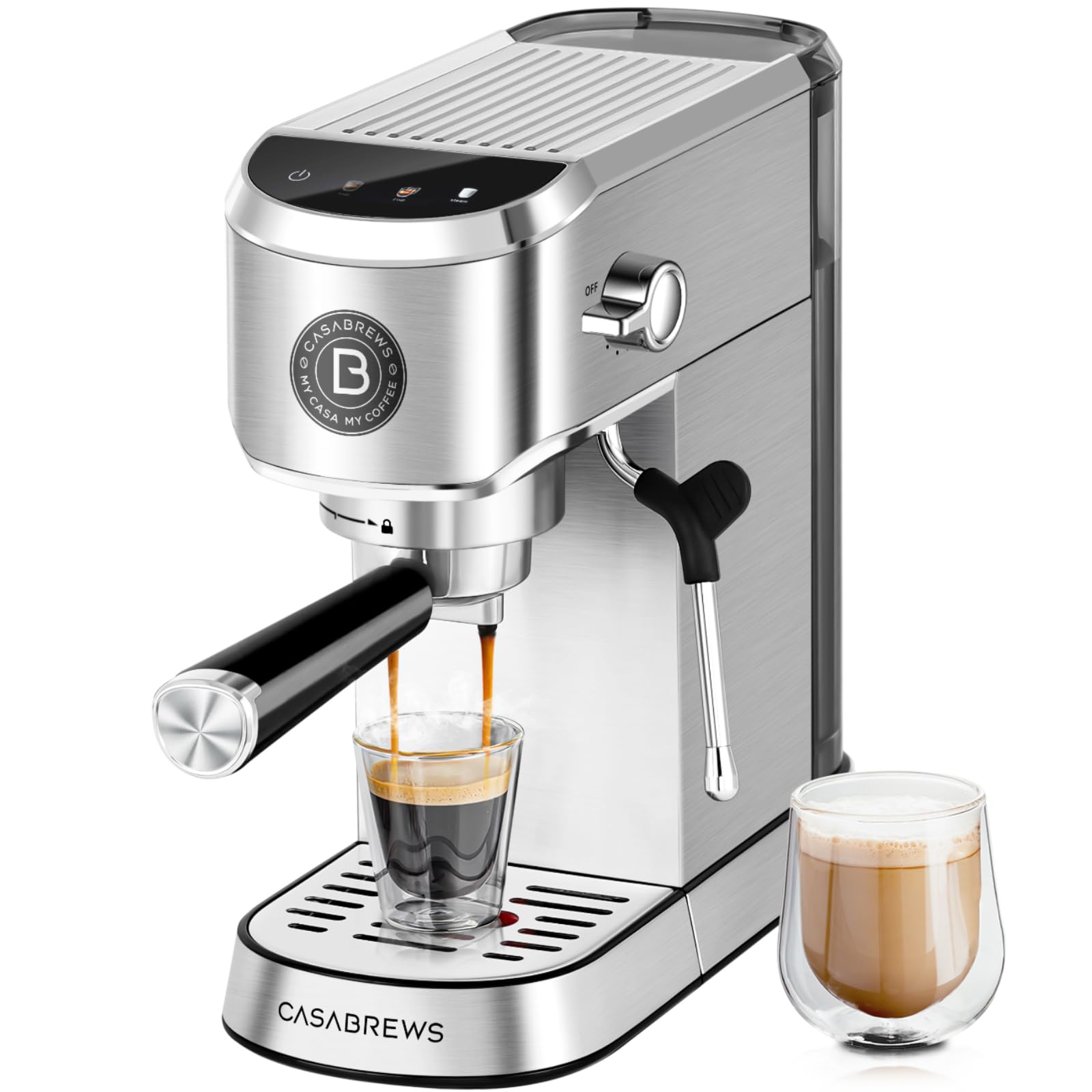 CASABREWS 20 Bar Professional Espresso Machine with Milk Frother - Compact Stainless Steel Coffee Maker for Cappuccino & Latte - 34oz Removable Water Tank & Touchscreen (Silver) - Perfect for Home Baristas & Coffee Lovers
