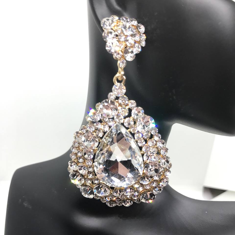 Large Crystal Earrings in Gold - Elegant Chunky Pageant Earrings (H2027) | Perfect for Weddings, Parties & Special Occasions