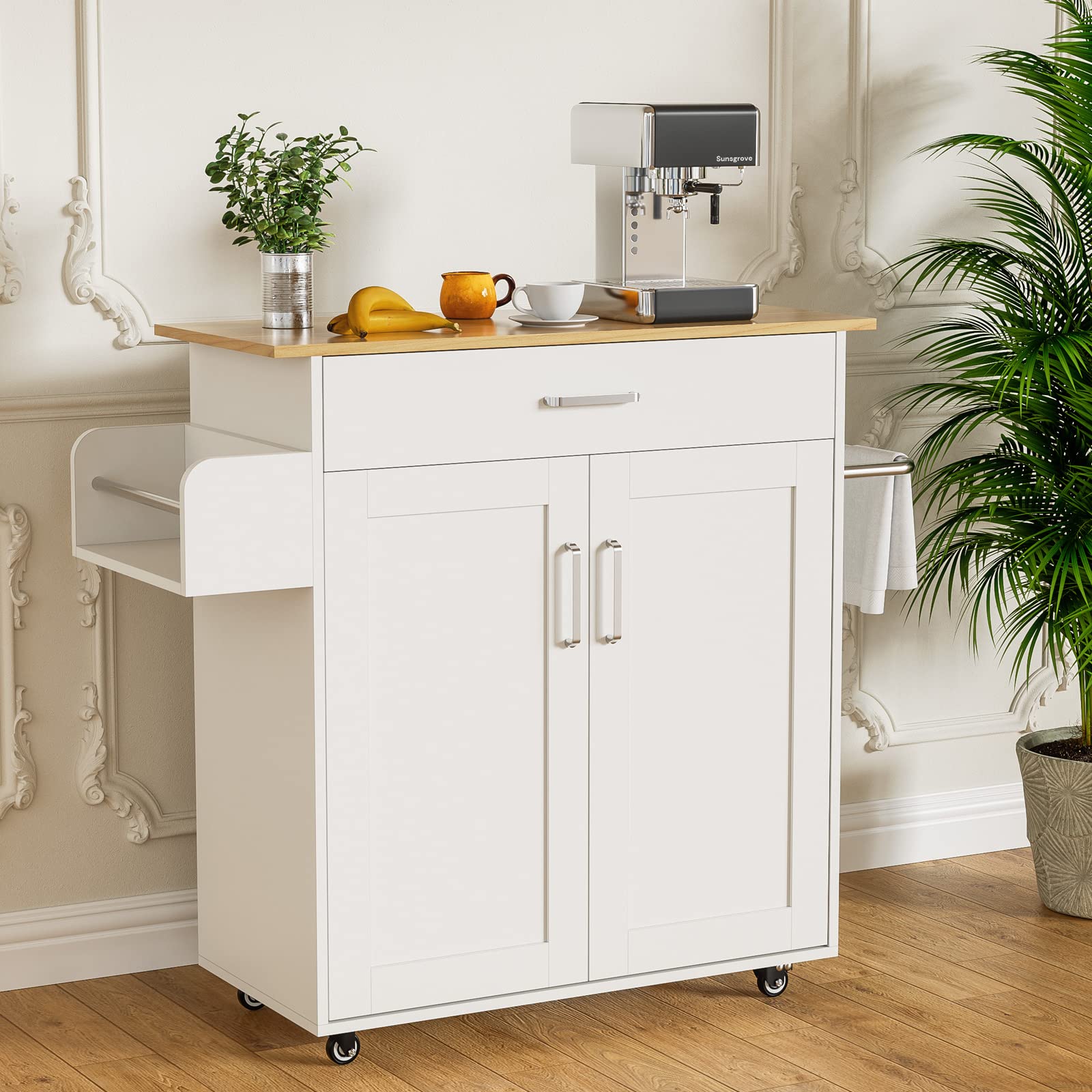 SunsGrove White Kitchen Island Cart with Drop Leaf, Wheels & Storage - Adjustable Shelves, Spice Rack for Dining Room & Small Kitchen - Perfect for Meal Prep, Extra Counter Space & Stylish Storage Solution