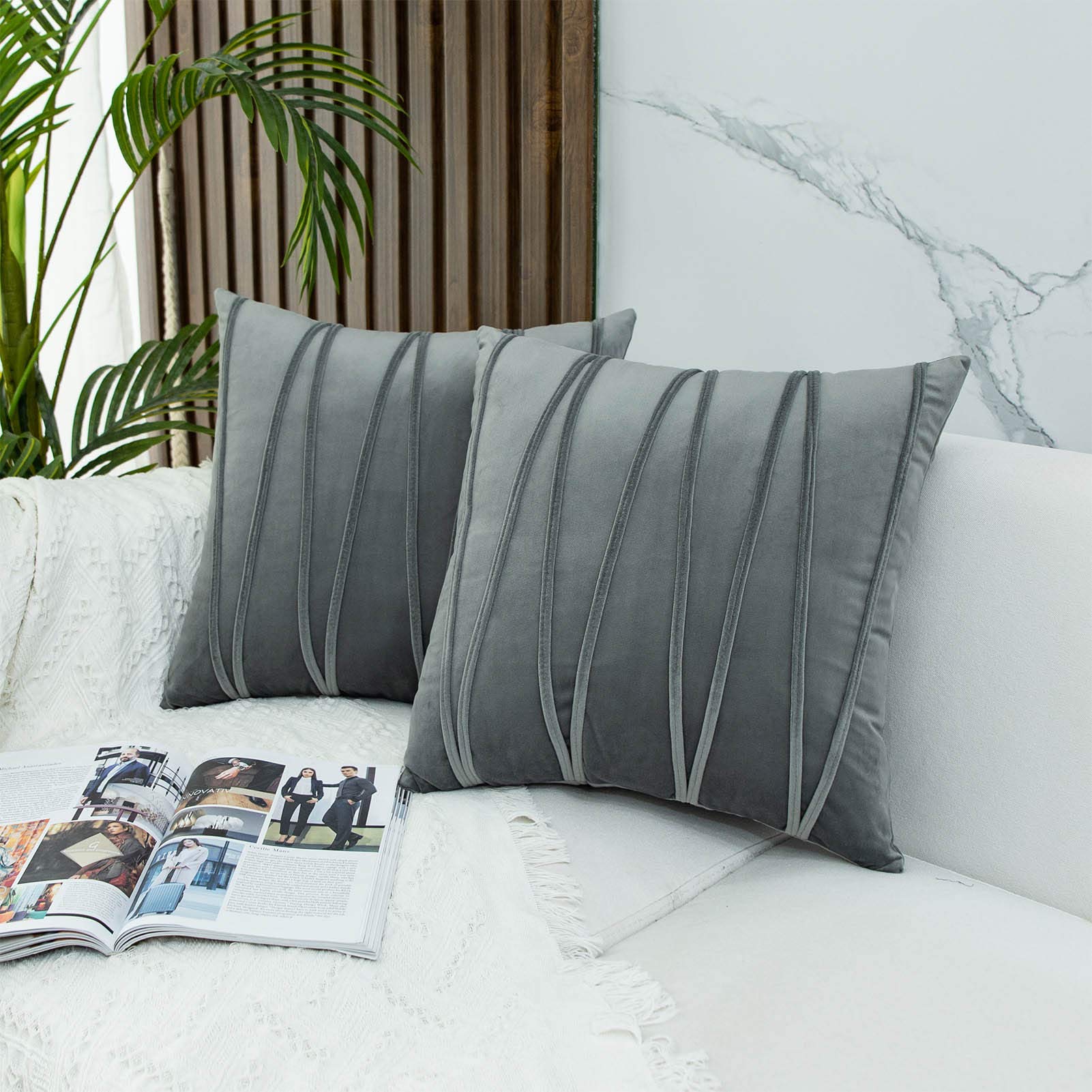 JUSPURBET Velvet Striped Throw Pillow Covers Set of 2 - 18x18 Inch Decorative Cushion Covers for Sofa, Couch, Bed - Soft Grey Velvet Pillowcases for Living Room, Bedroom & Home Decor