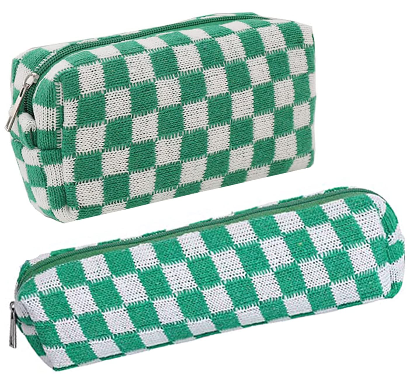 Stylish 2-Pack Knit Checkered Pencil Case & Makeup Bag - School Stationery Organizer, Cosmetic Storage Pouch, Travel Toiletry Organizer for Students, Office & Vacation Essentials