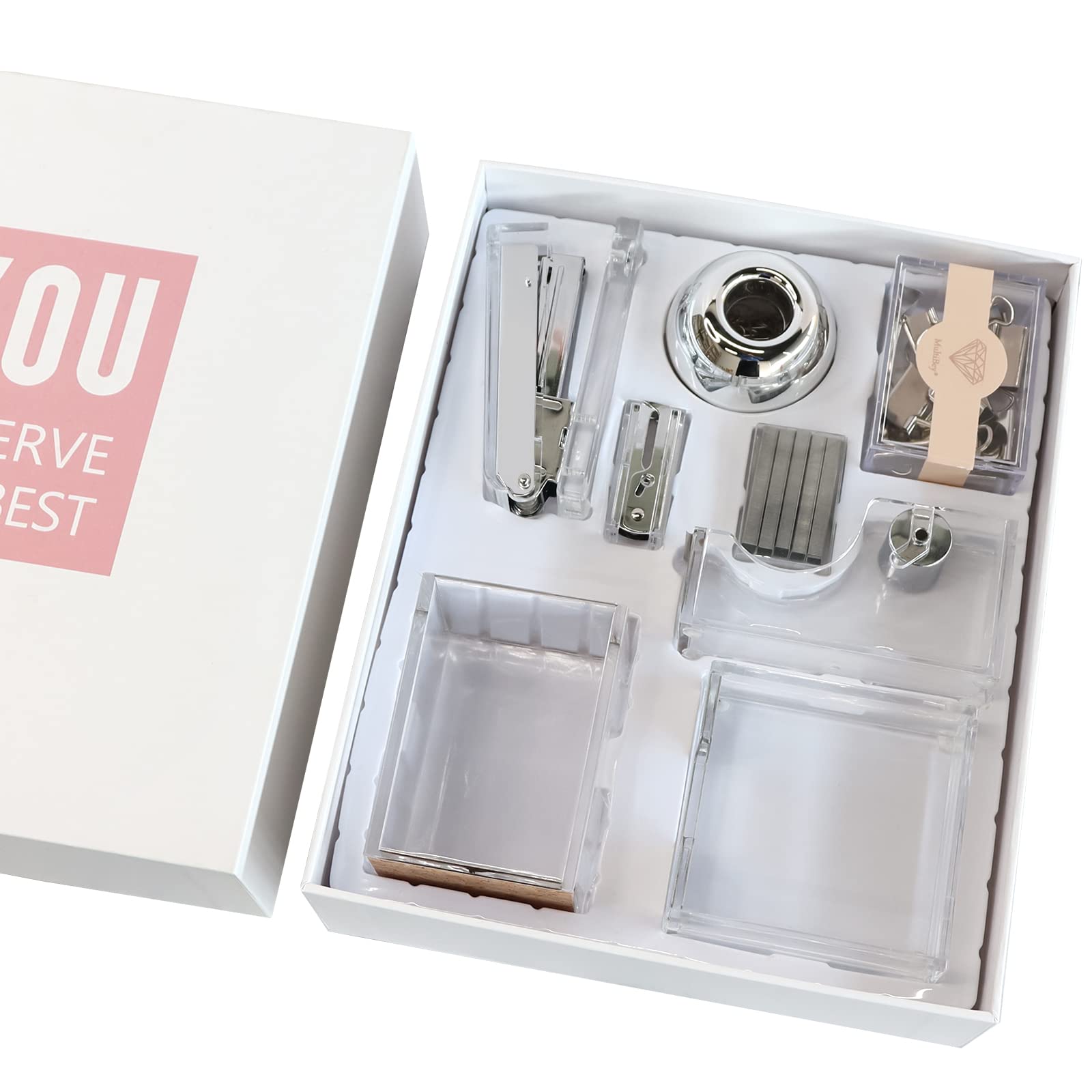 Premium Clear Acrylic Silver Office Desk Organizer Set - Includes Stapler, Tape Dispenser, Pen Holder, Staples with Remover, Paper Clips & Binder Clips - Perfect for Home Office, School & Workspace Organization (Silver)