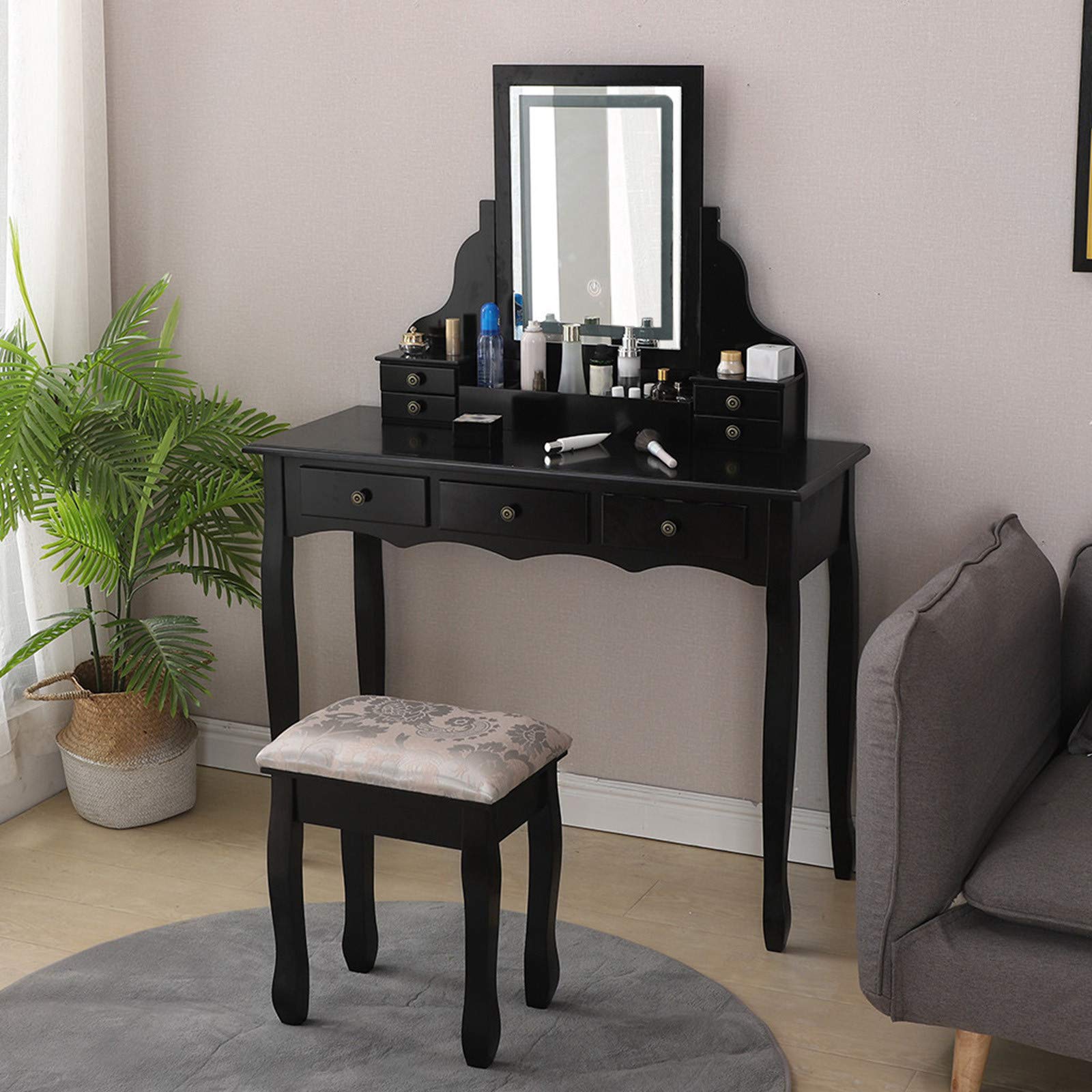 GLVSZ Vanity Desk with LED Lighted Mirror - 7 Drawers Makeup Dressing Table with Lights, Modern Black Vanity Set for Bedroom | Perfect for Makeup Application, Skincare Routine & Home Decor