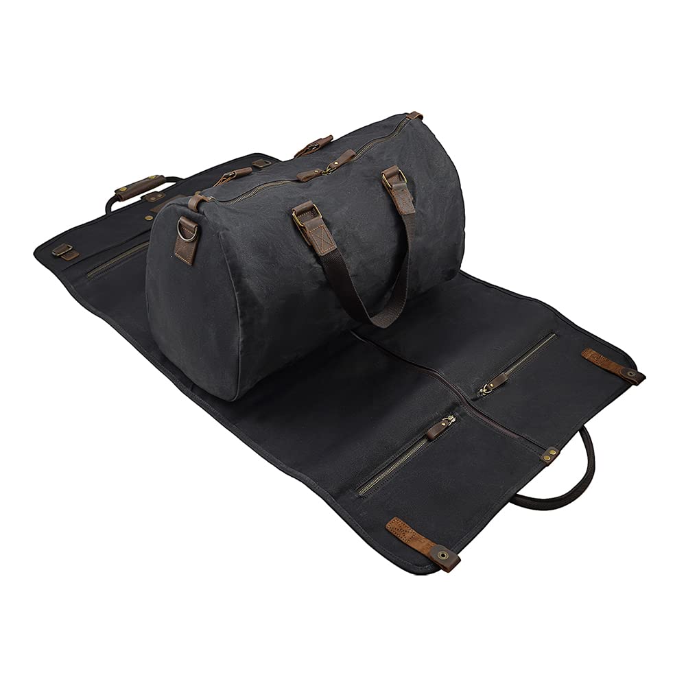 2 in 1 Canvas Leather Suit Luggage Garment Bag with Adjustable Shoulder Strap - Waxed Black Travel & Business Carry-On for Men & Women | Perfect for Airplane, Office & Formal Events