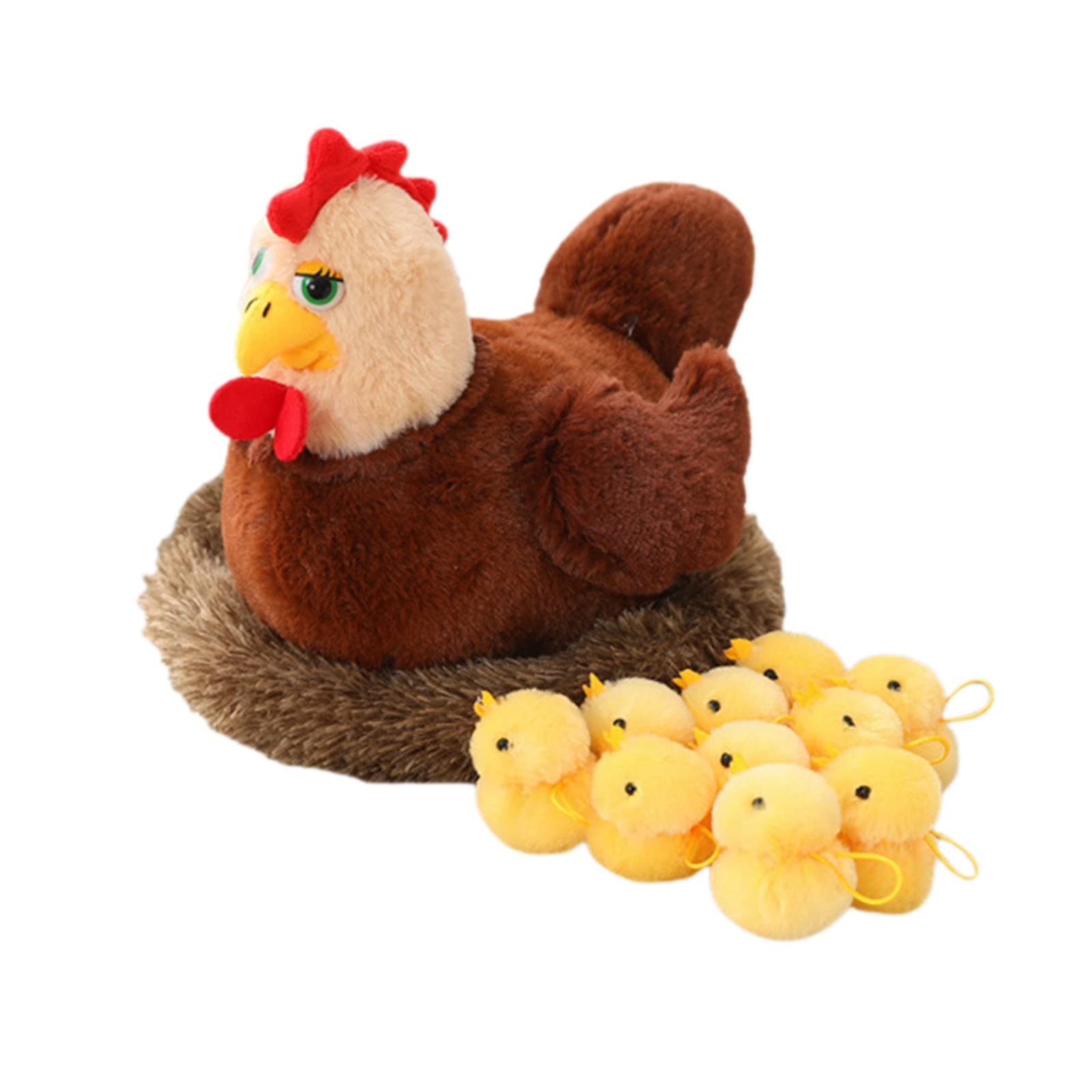 Soft Plush Chicken & Chicks Stuffed Animal Set - 1 Hen & 10 Baby Chickens, Cuddly Fluffy Toy Gift for Kids & Adults (Brown) | Perfect for Easter Decorations, Nursery Room, Birthday Presents & Animal Lovers
