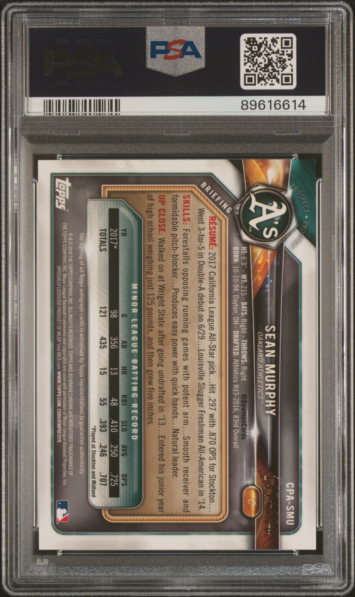 2018 Bowman Chrome Sean Murphy Purple Refractor Auto Prospect Card /250 #SMU PSA 10 Gem Mint - Perfect for Baseball Card Collectors and Sports Memorabilia Enthusiasts