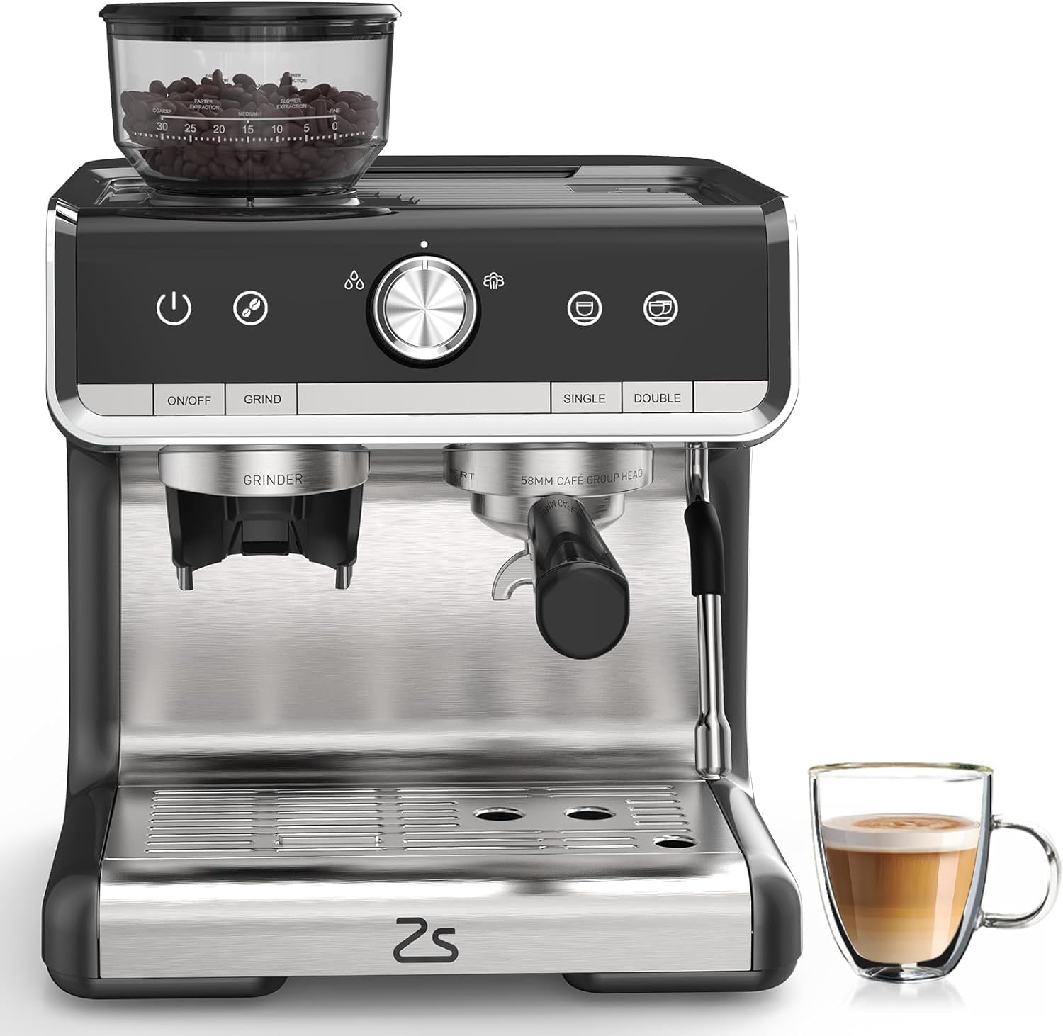 Semi-Automatic Espresso Coffee Maker Machine - 1450W 20 Bar Pressure, 30 Grind Settings, Rapid Heating System with Milk Frother Steam Wand for Home, Office & Hotel Use - Perfect for Latte, Cappuccino & Americano (Silver)