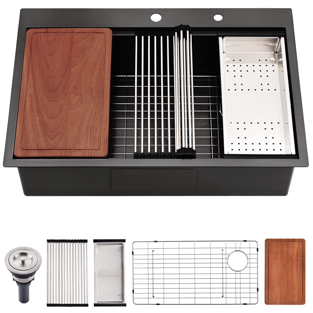 30 Inch Matte Black Drop-In Kitchen Sink Workstation - Jshozzy 16 Gauge Stainless Steel Single Bowl Top Mount Sink Kit with 10 Inch Deep Prep Basin & Cutting Board | Perfect for Meal Prep, Washing Dishes & Modern Kitchen Renovations